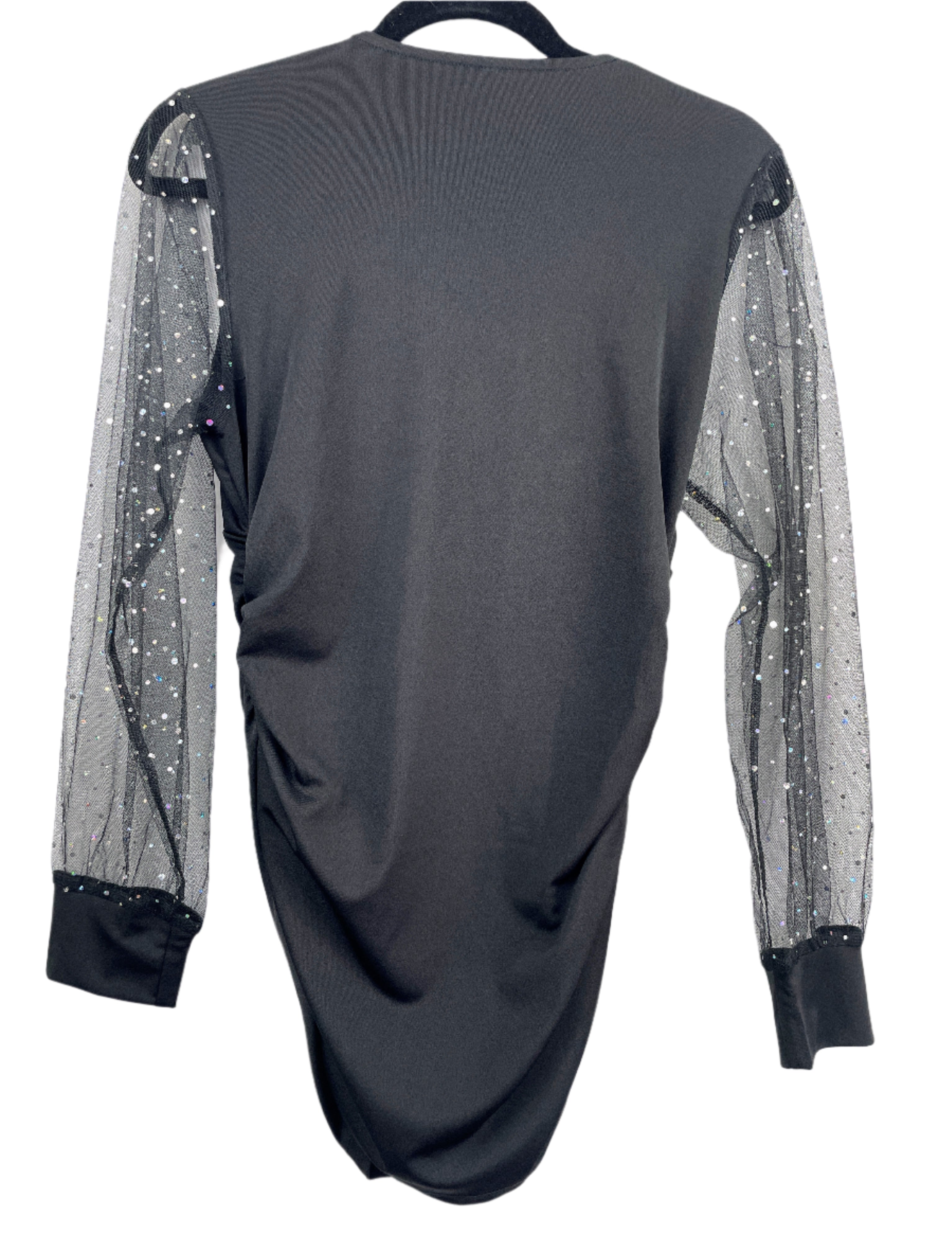 back views of black bodycon dress with ruched sides and sheer glitter sleeves, size large