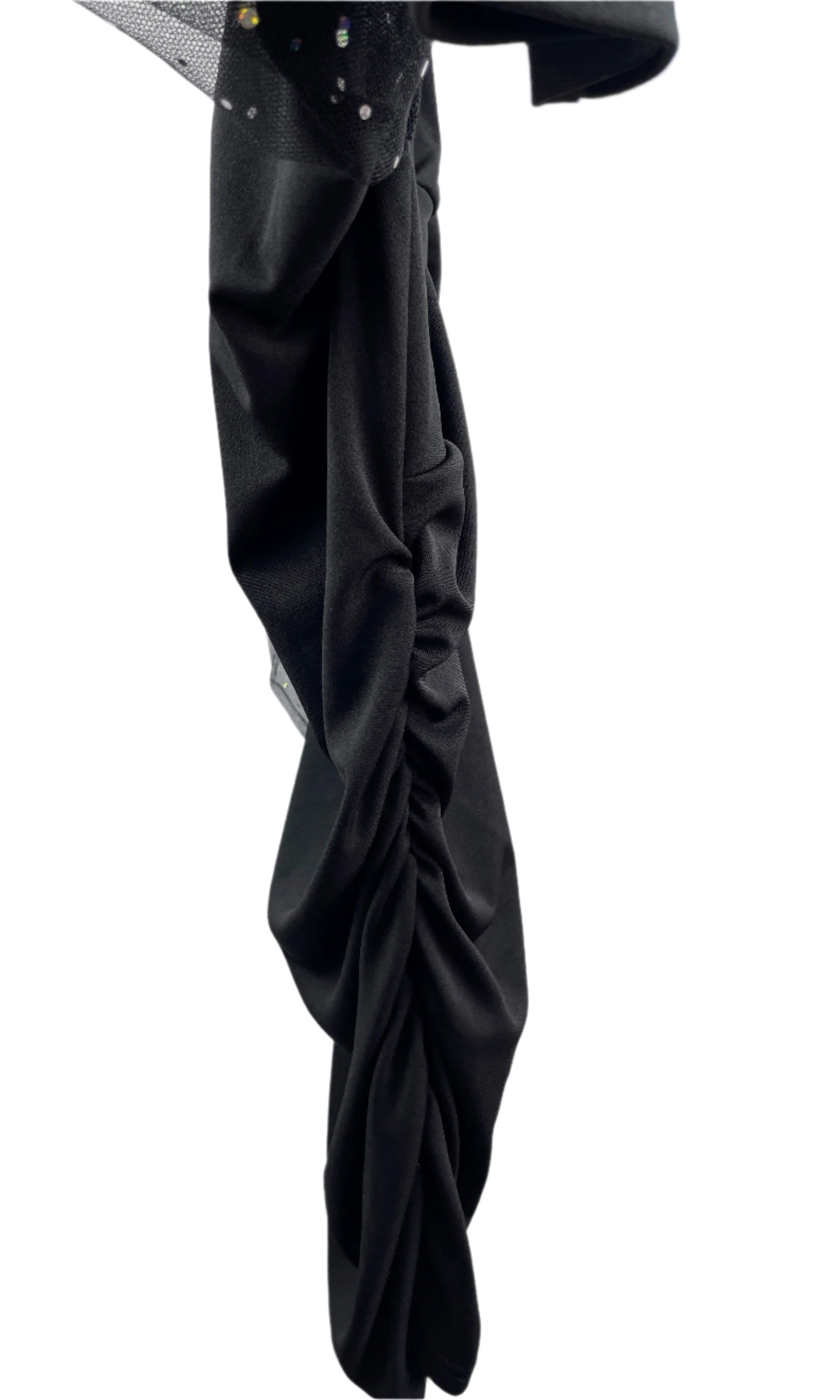 Black dress with ruched design on a white background