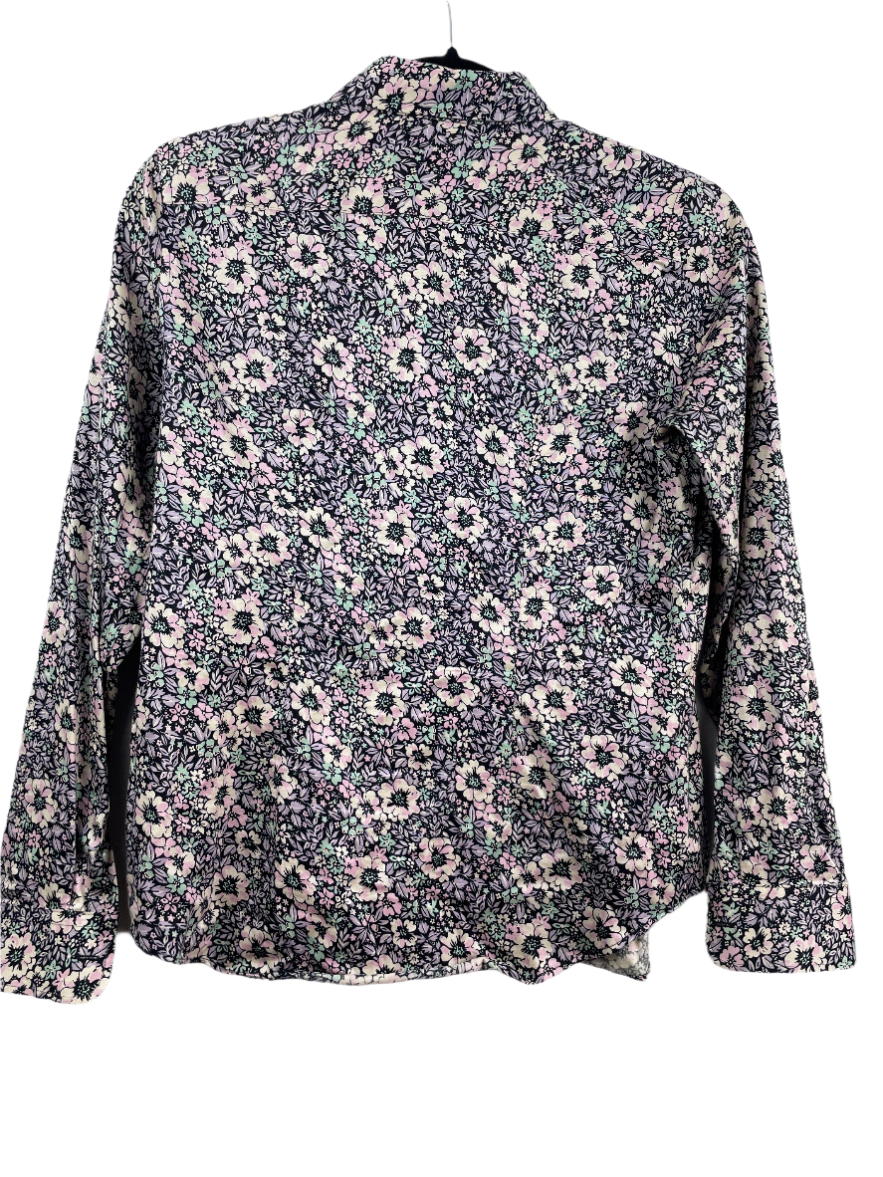 back view of CHAPS Petite small floral button-down shirt with long sleeves and button cuffs in a pink, green, and black print.