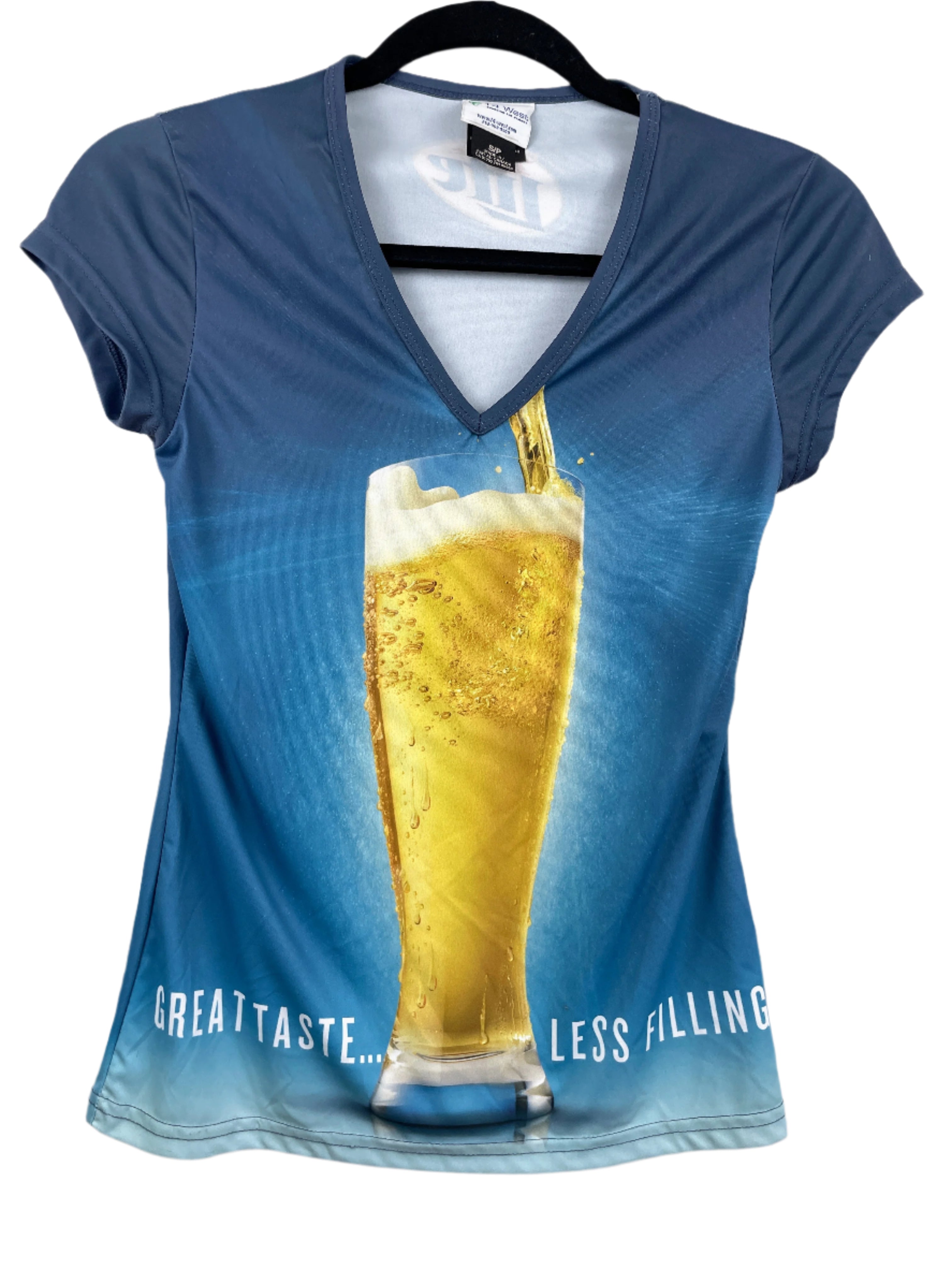 front of Miller Lite “Great Taste Less Filling” V‑neck T‑shirt, size small, blue gradient design.