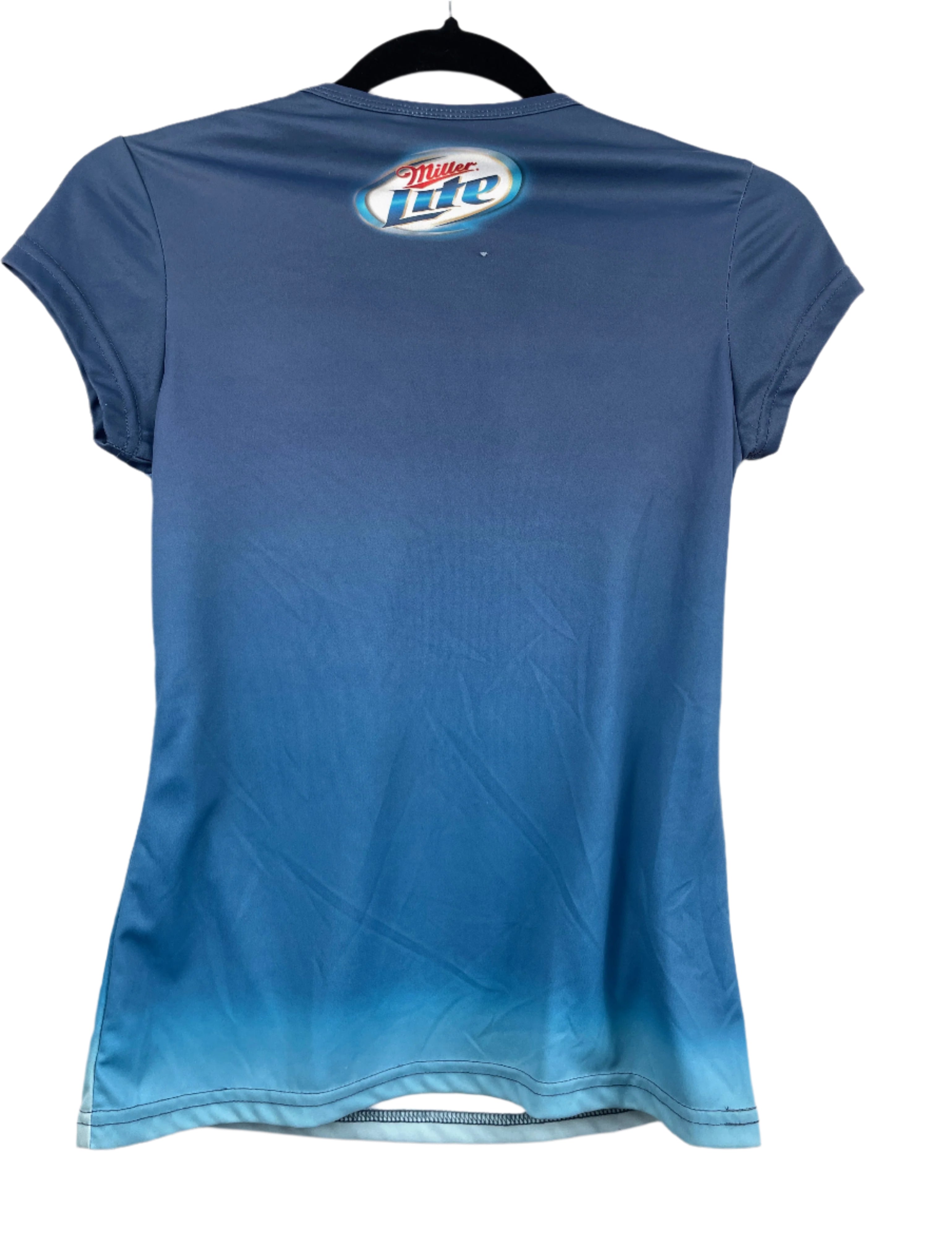 back of Miller Lite “Great Taste Less Filling” V‑neck T‑shirt, size small, blue gradient design.