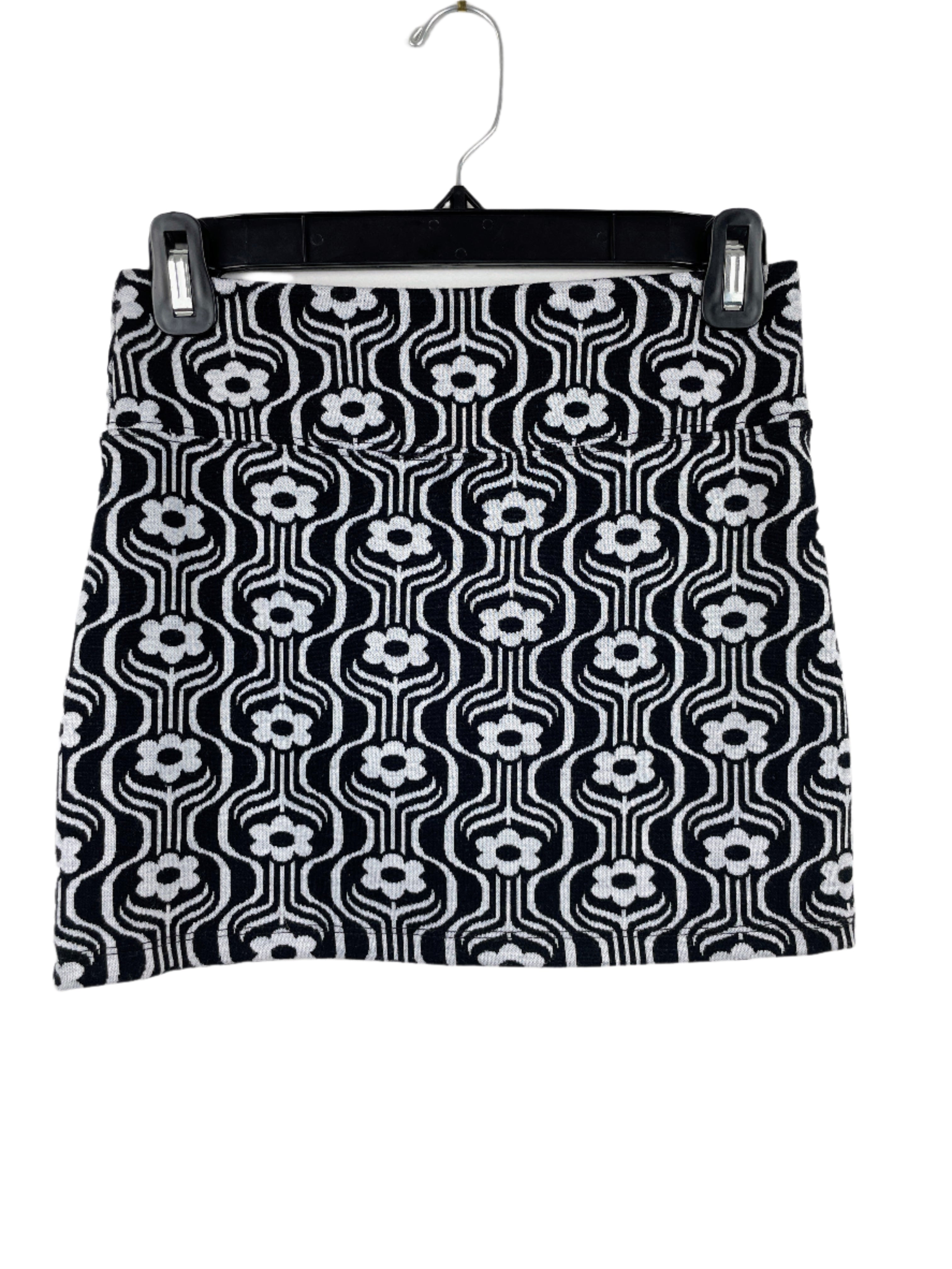 Twik by Simons black and white geometric floral mini skirt, size XS, photographed front on hanger