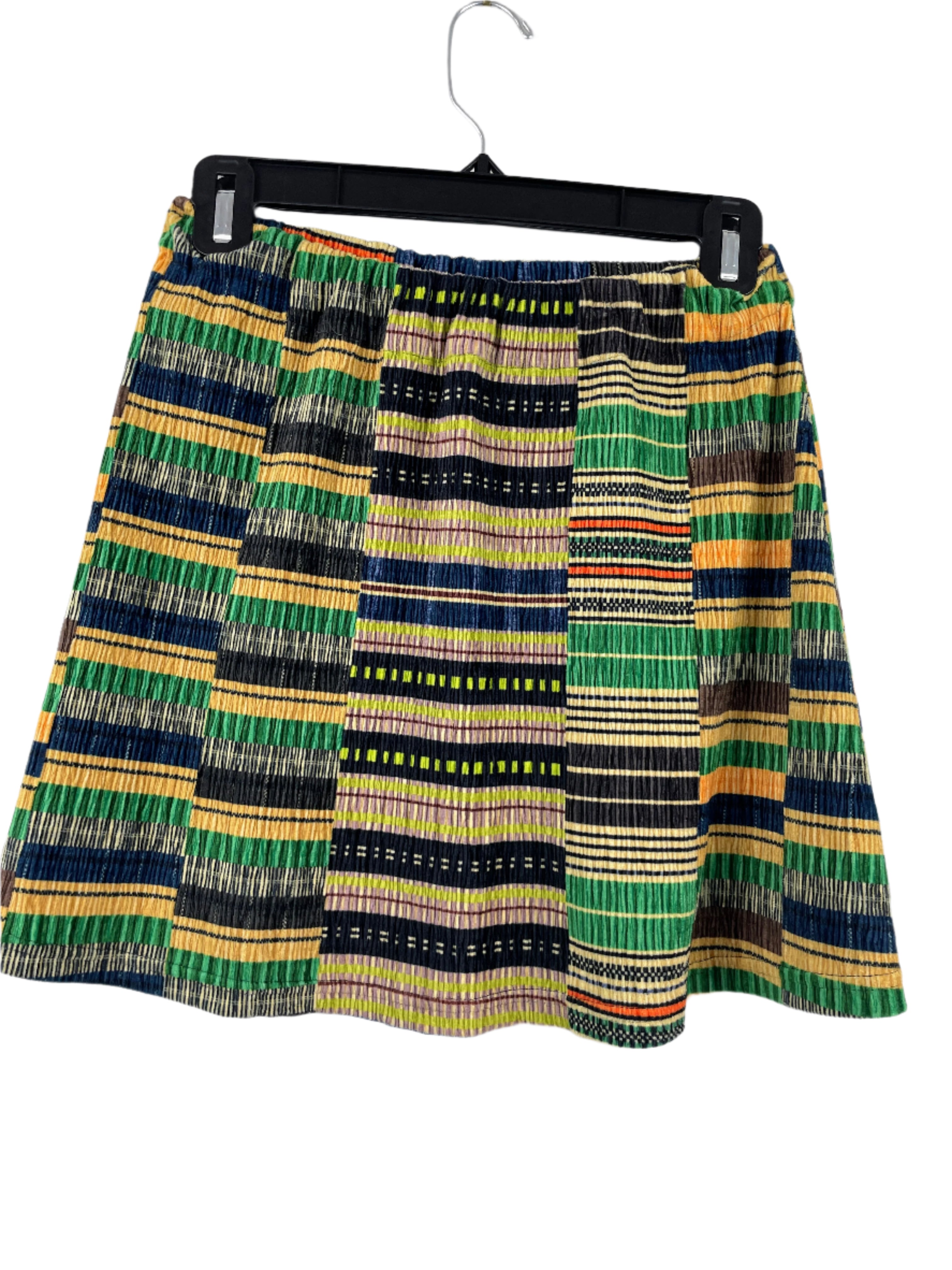 Multicolour striped Cider mini skirt with elastic waistband, size small, polyester fabric, laid flat back view