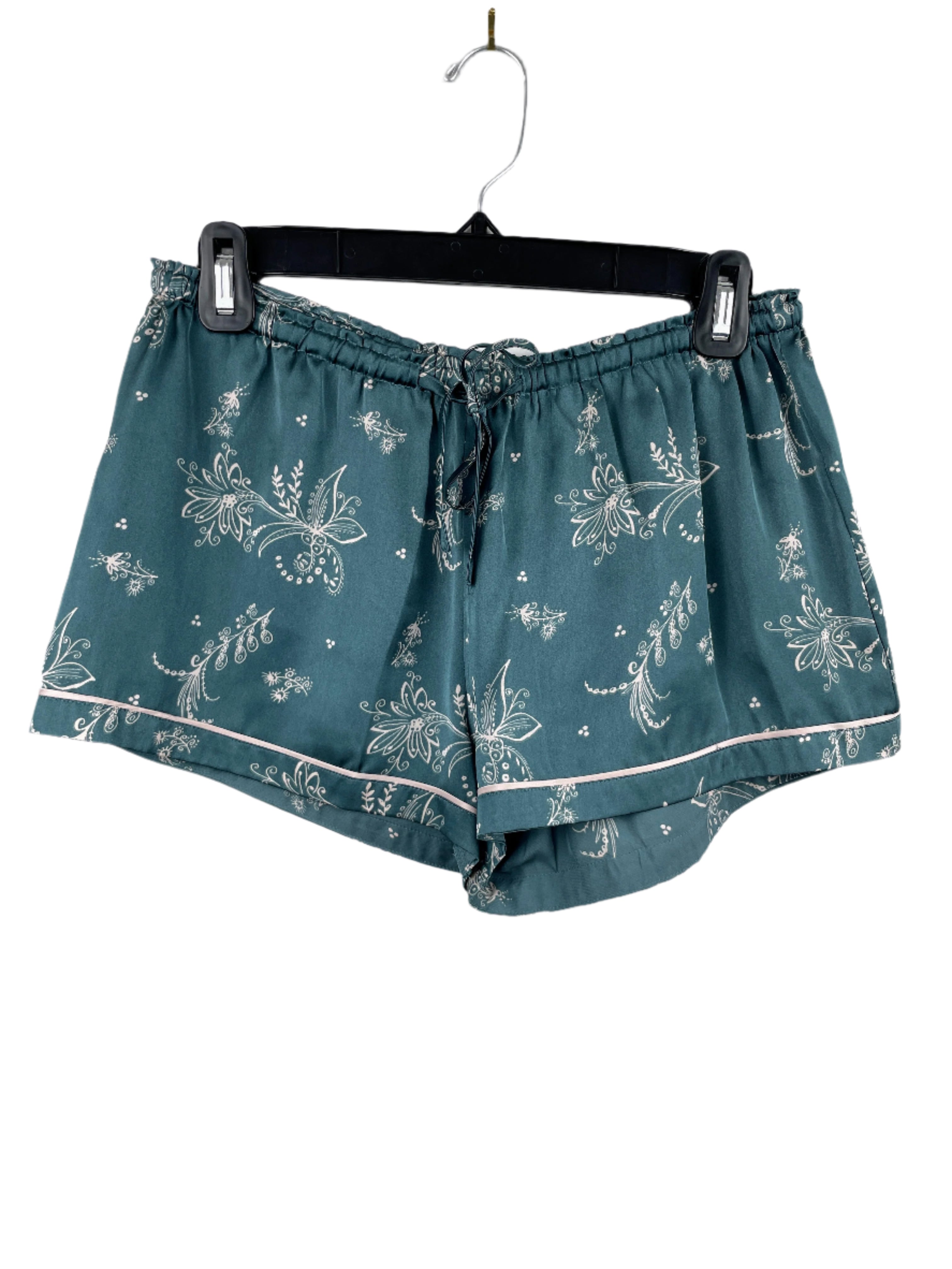 Teal floral Chelsea28 pyjama shorts with white trim and drawstring waistband, size small.