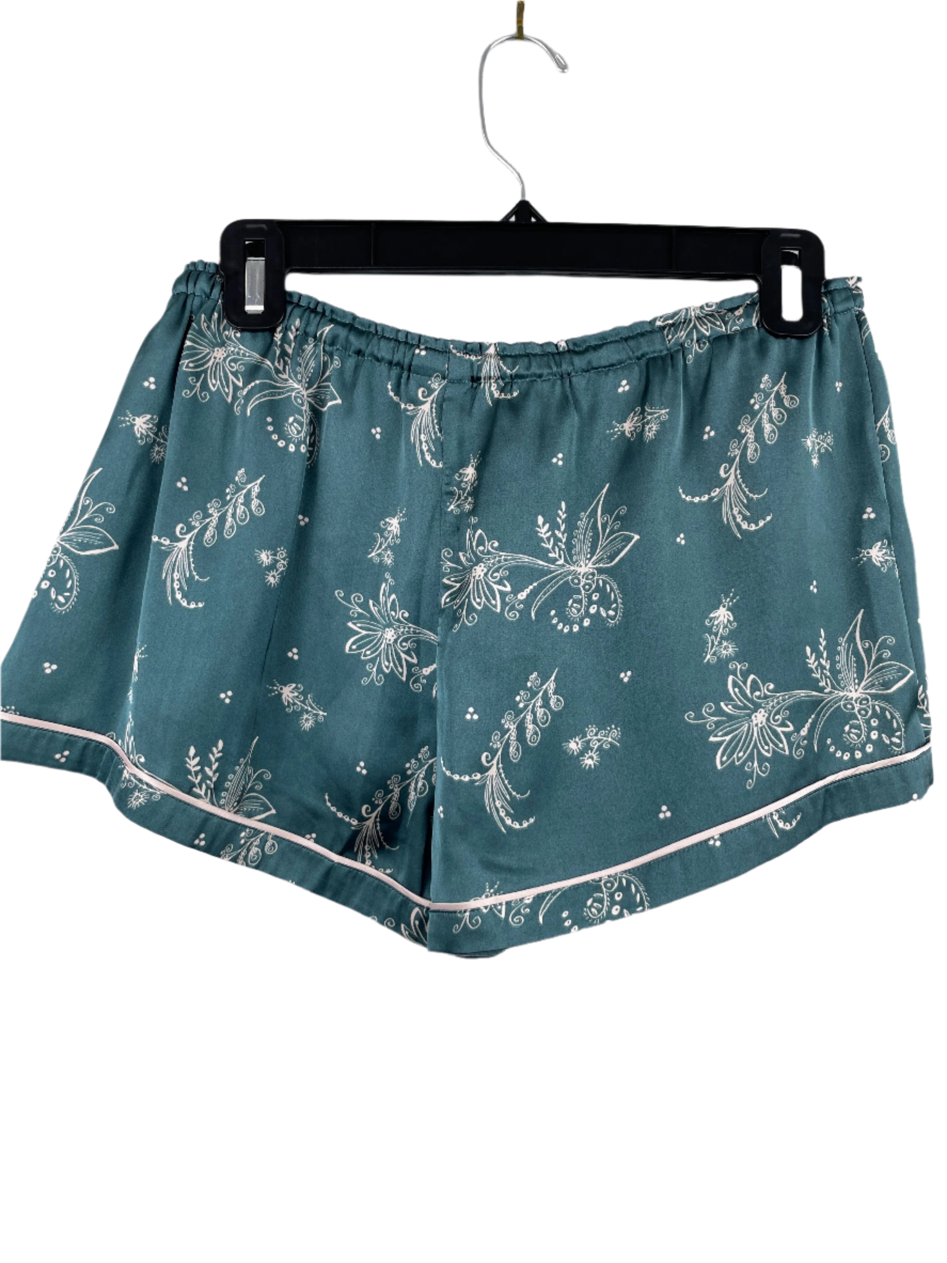 Teal floral Chelsea28 pyjama shorts with white trim and drawstring waistband