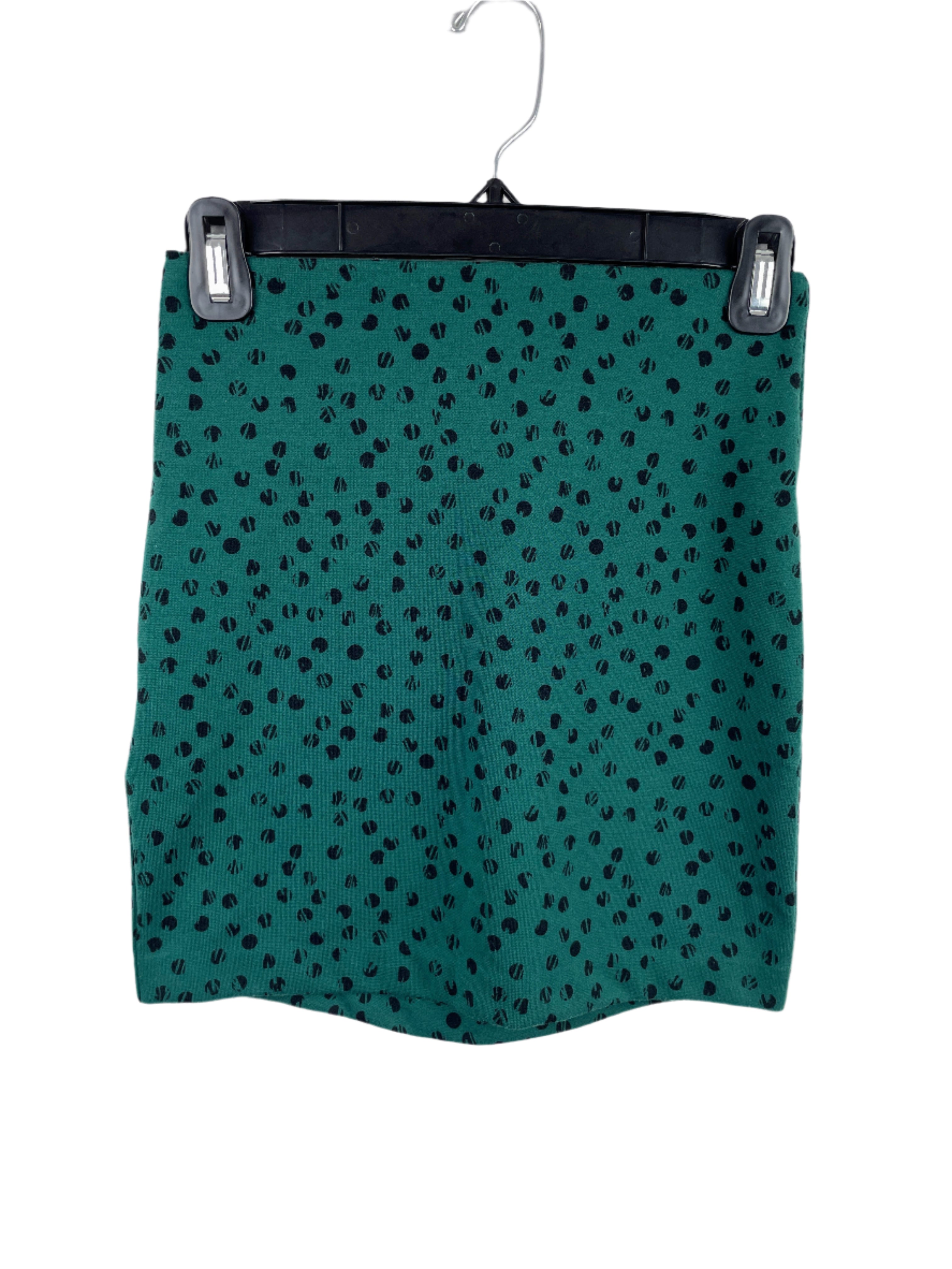 Green mini skirt with abstract black dot pattern and wide elastic waistband, size XXS – BCBGeneration
