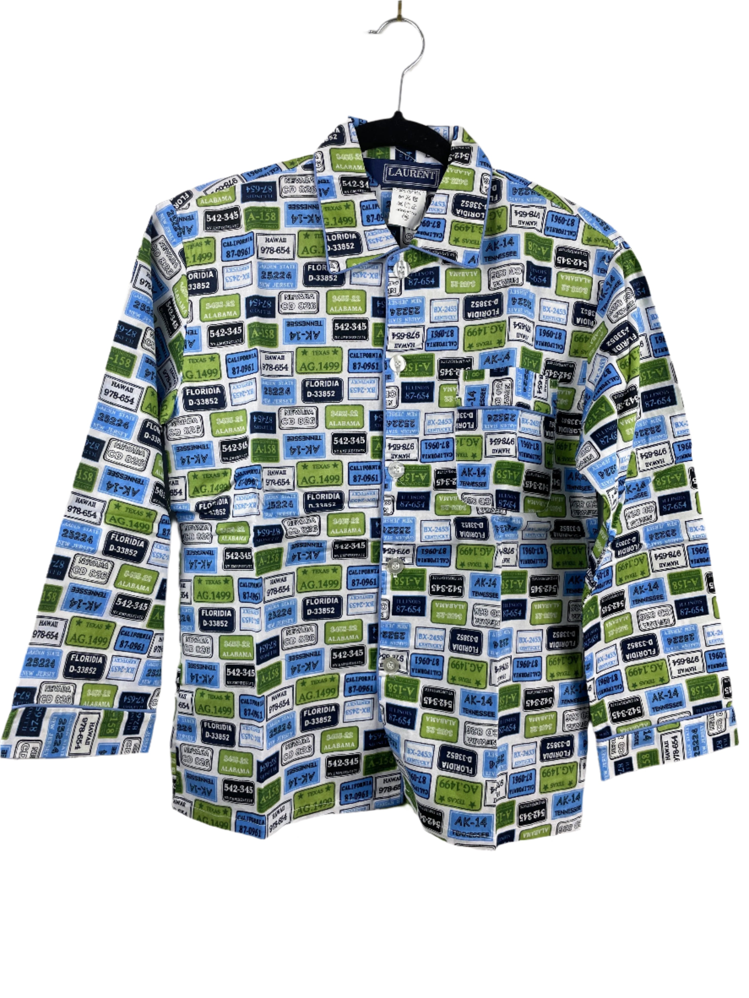 Laurent multicolour license plate print lightweight cotton pyjama set with elastic waist pants and button-front top