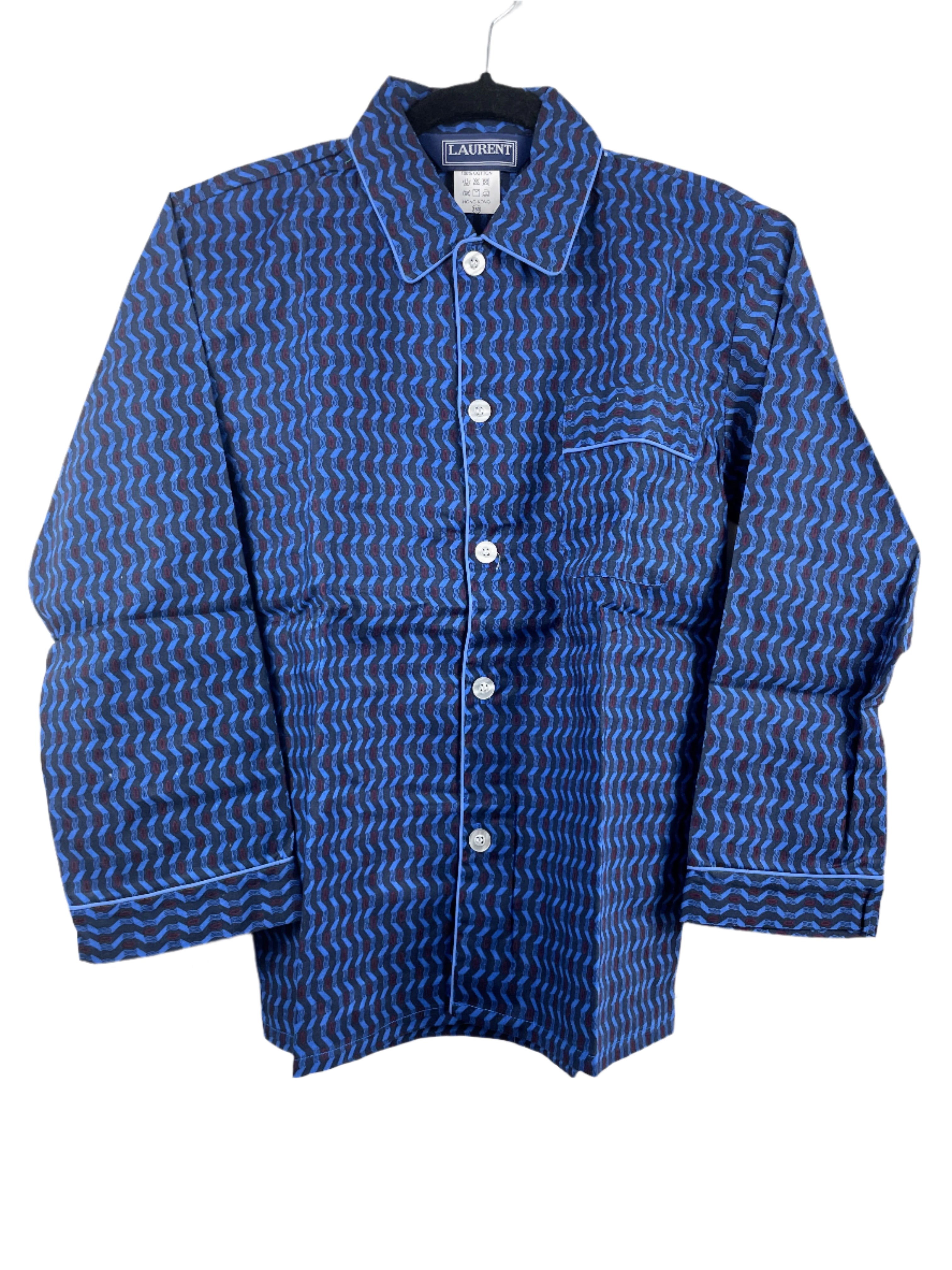 Laurent blue and black wave print lightweight cotton pyjama set with elastic waist pants and button-front top