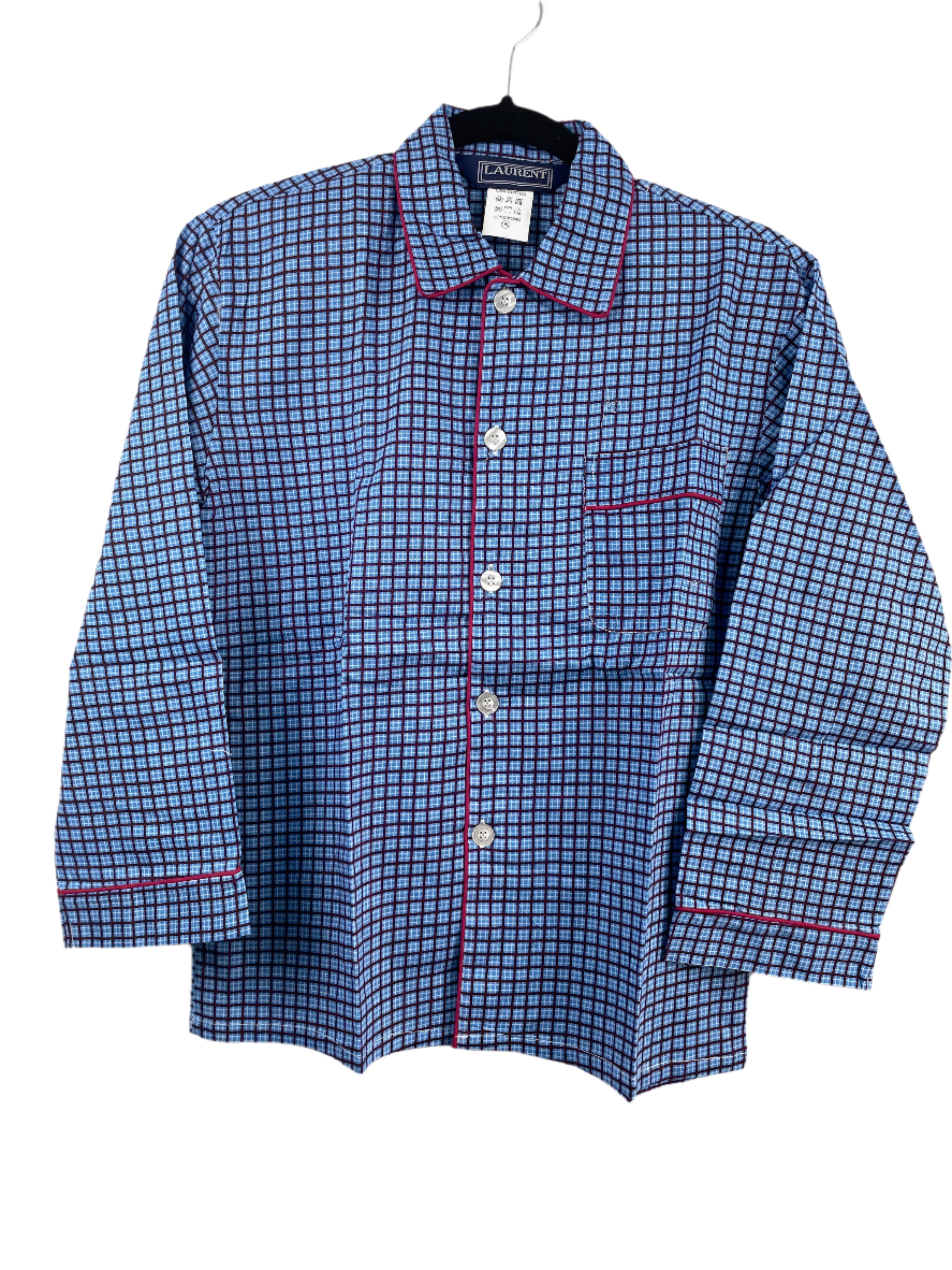 Blue checkered pyjama top with red accents on a hanger against a white background