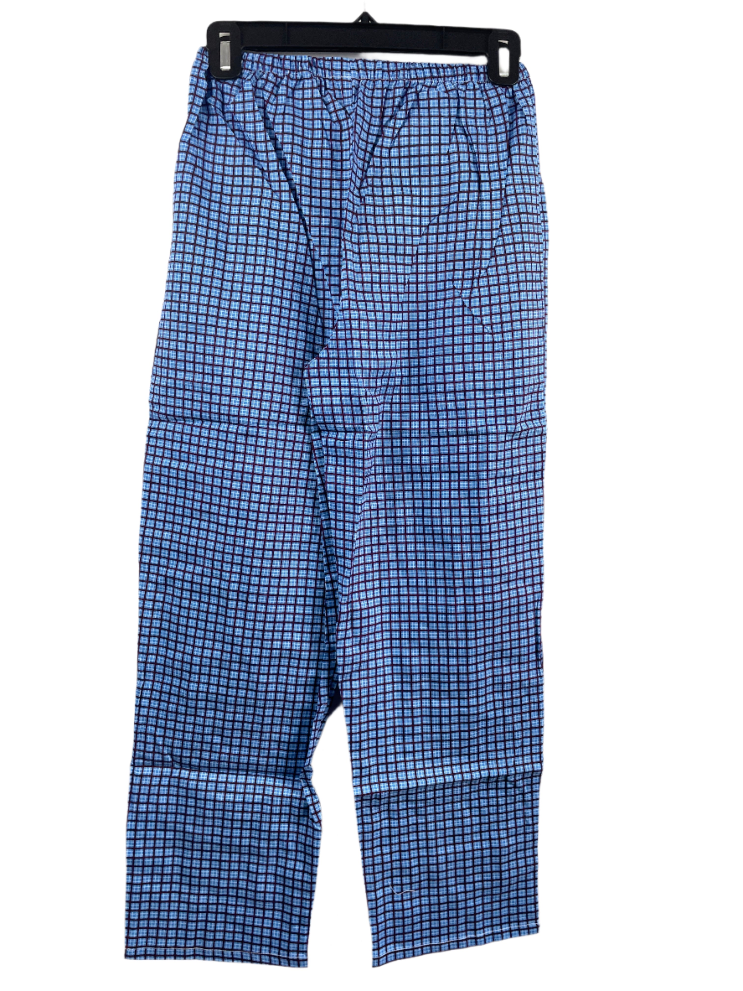 Blue checkered pyjama pants on a hanger against a white background