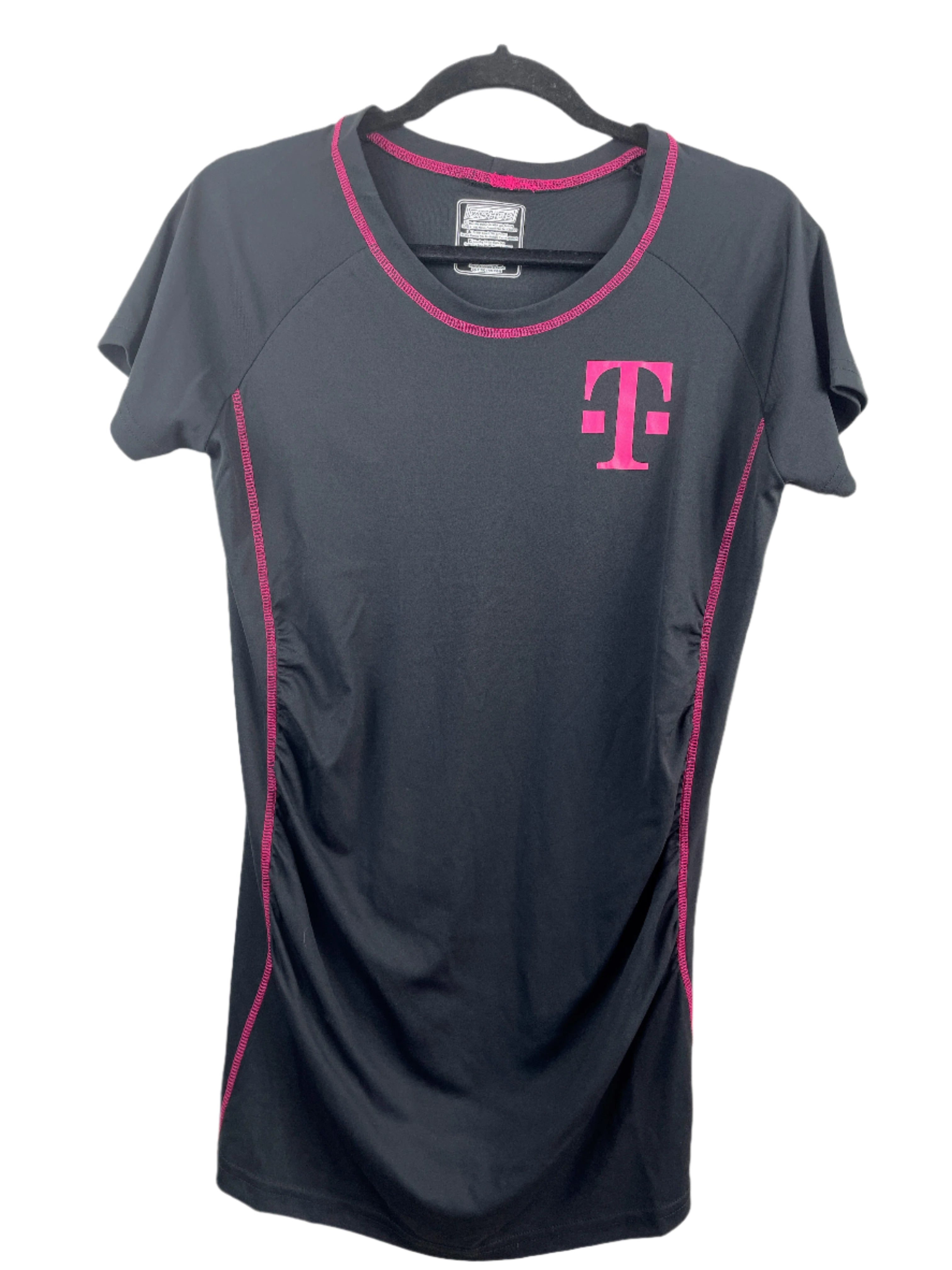 Bishop black polyester activewear top with pink trim and short sleeves, size Large