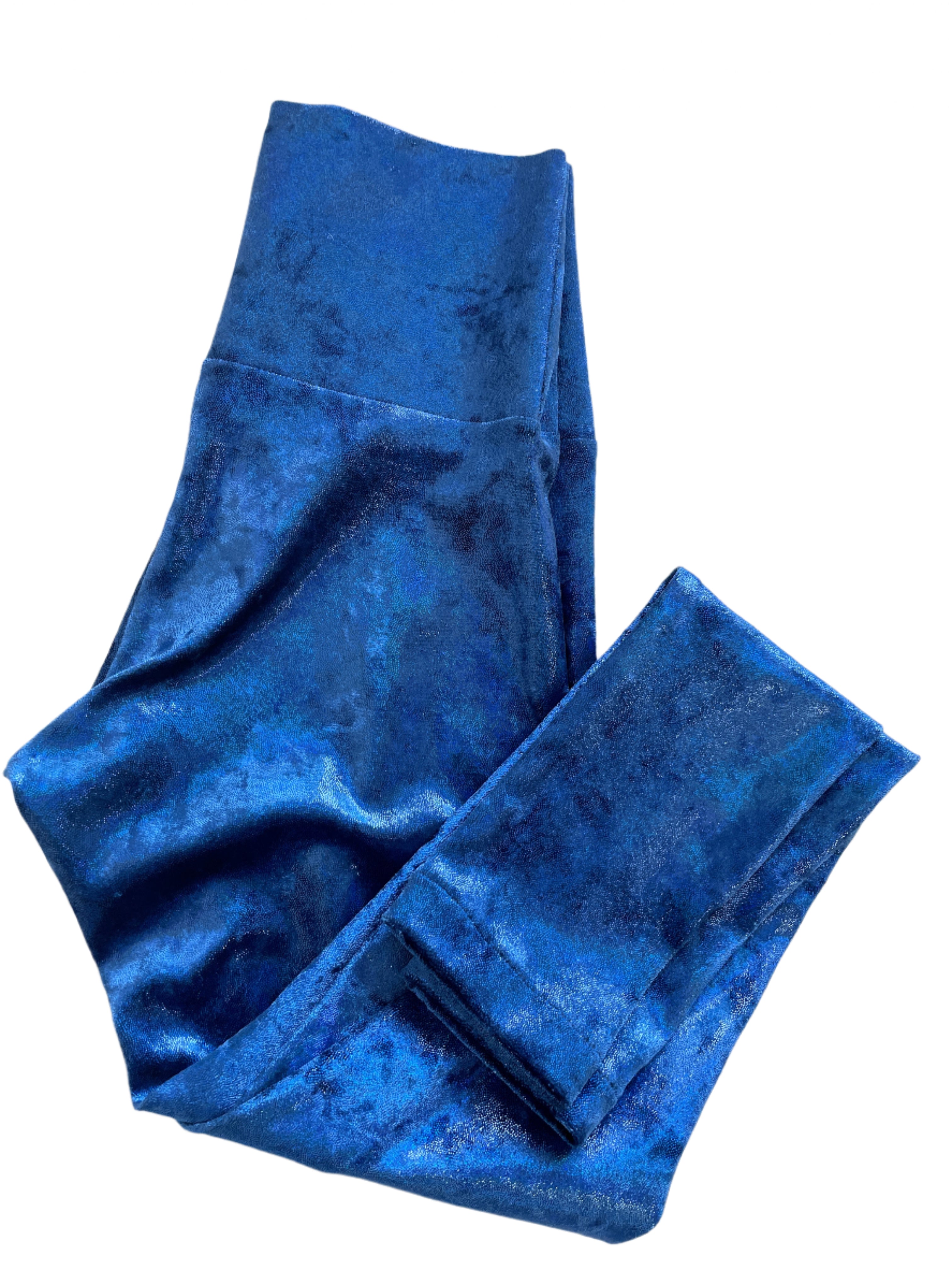 Shimmering blue crushed velvet leggings with wide waistband, size XS