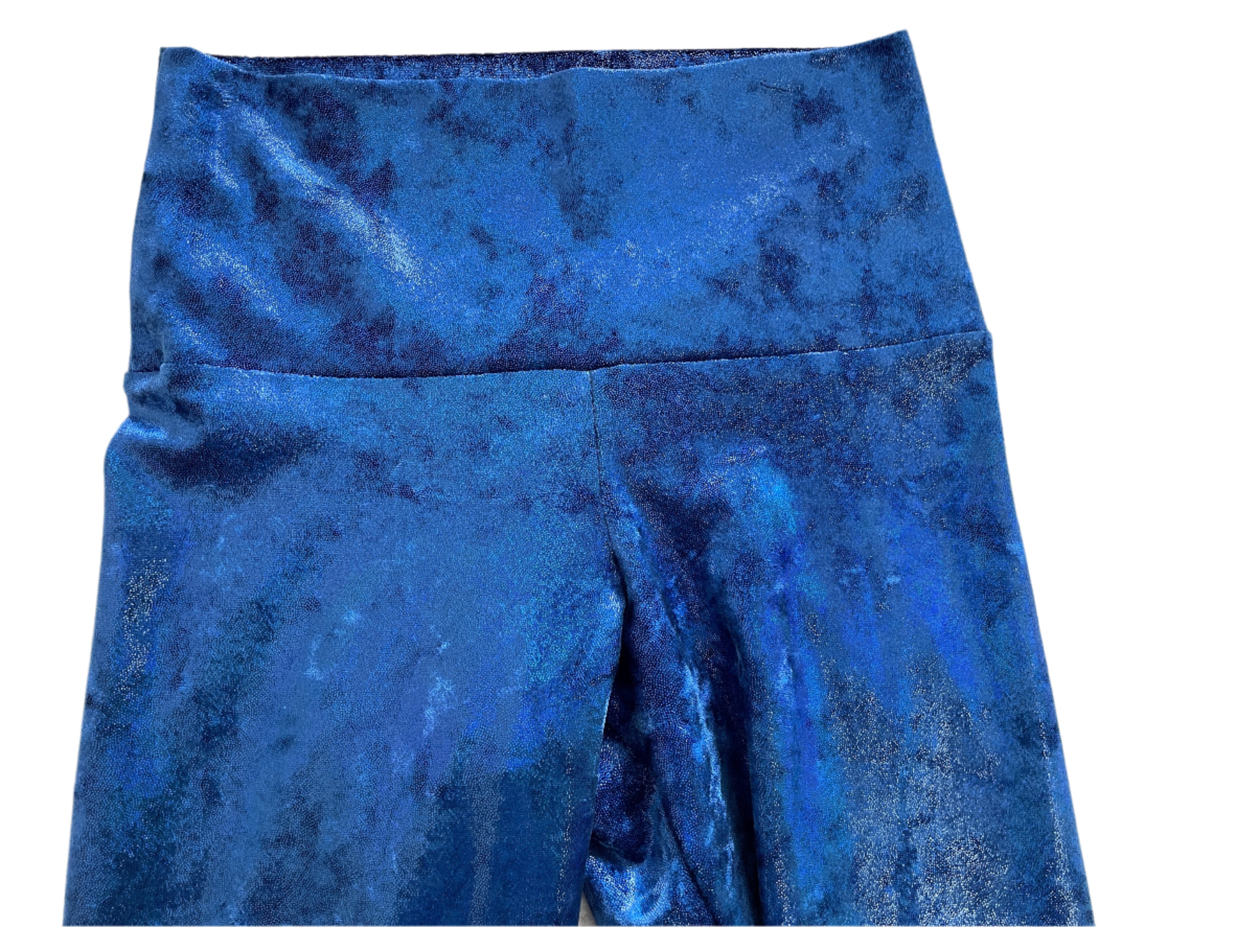 Sparkly blue crushed velvet leggings with wide waistband