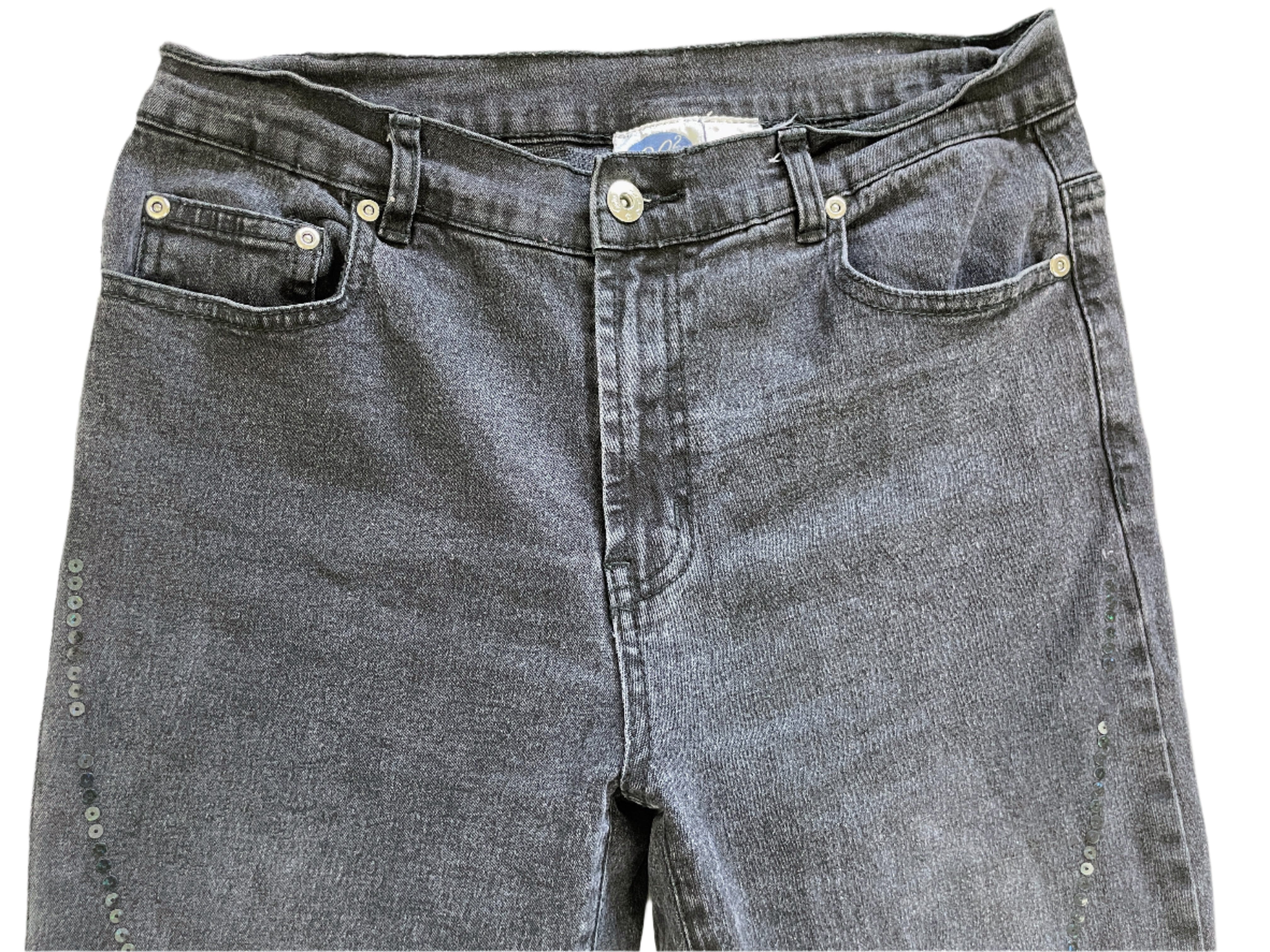 DG2 black straight leg jeans with sequin embellishments and five-pocket design
