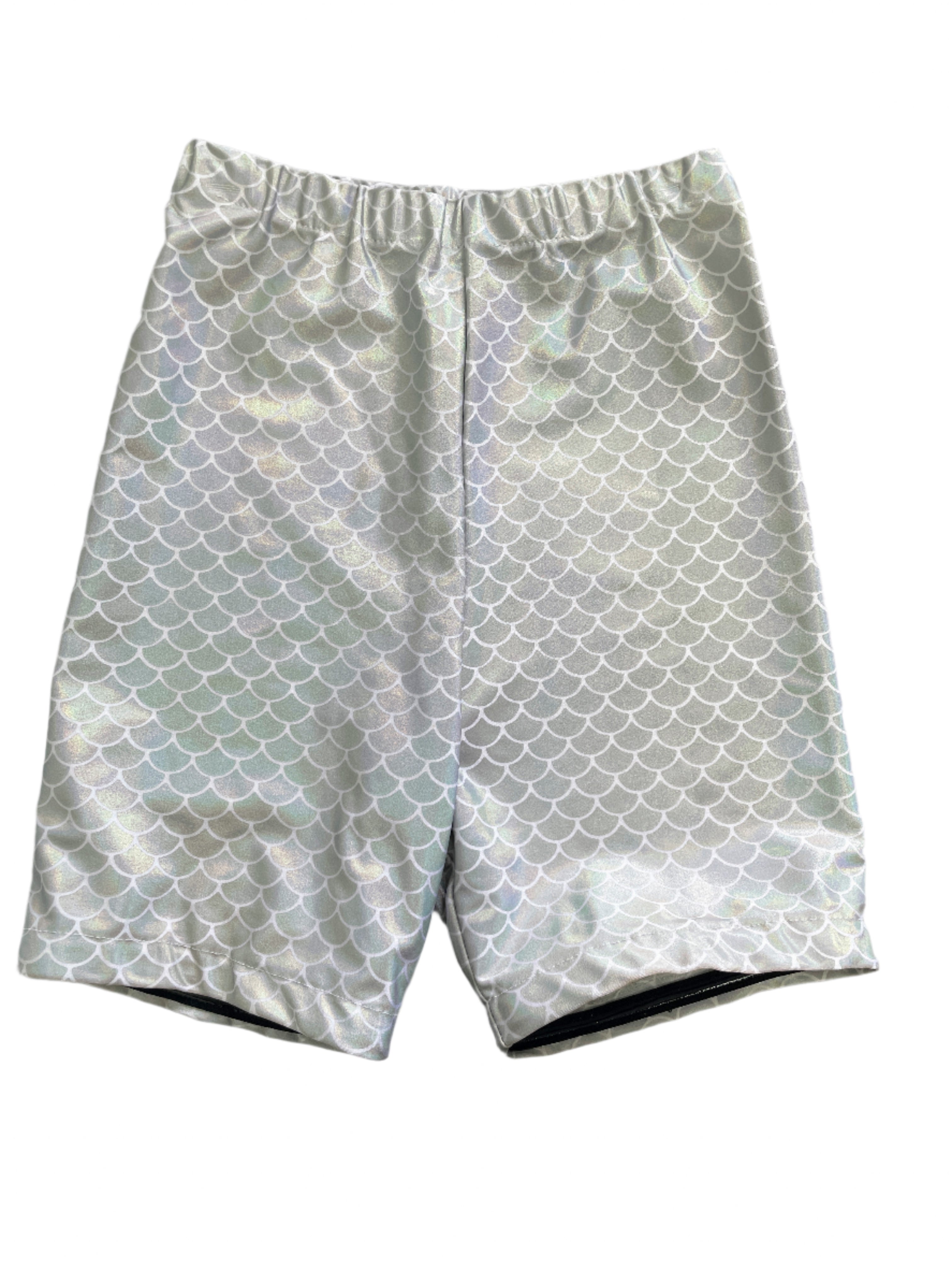 Grey and white scale pattern bike shorts, size XS, with elastic waist and silicone grip hem.
