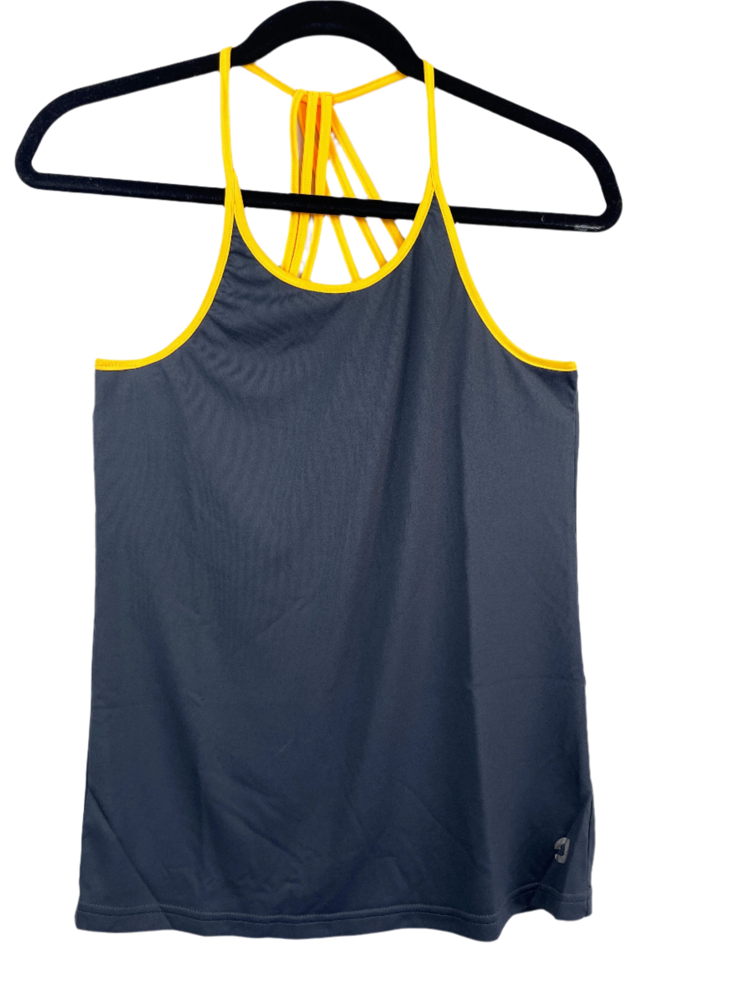 Front view of Bishop charcoal grey tank top with yellow trim and straps, size medium.