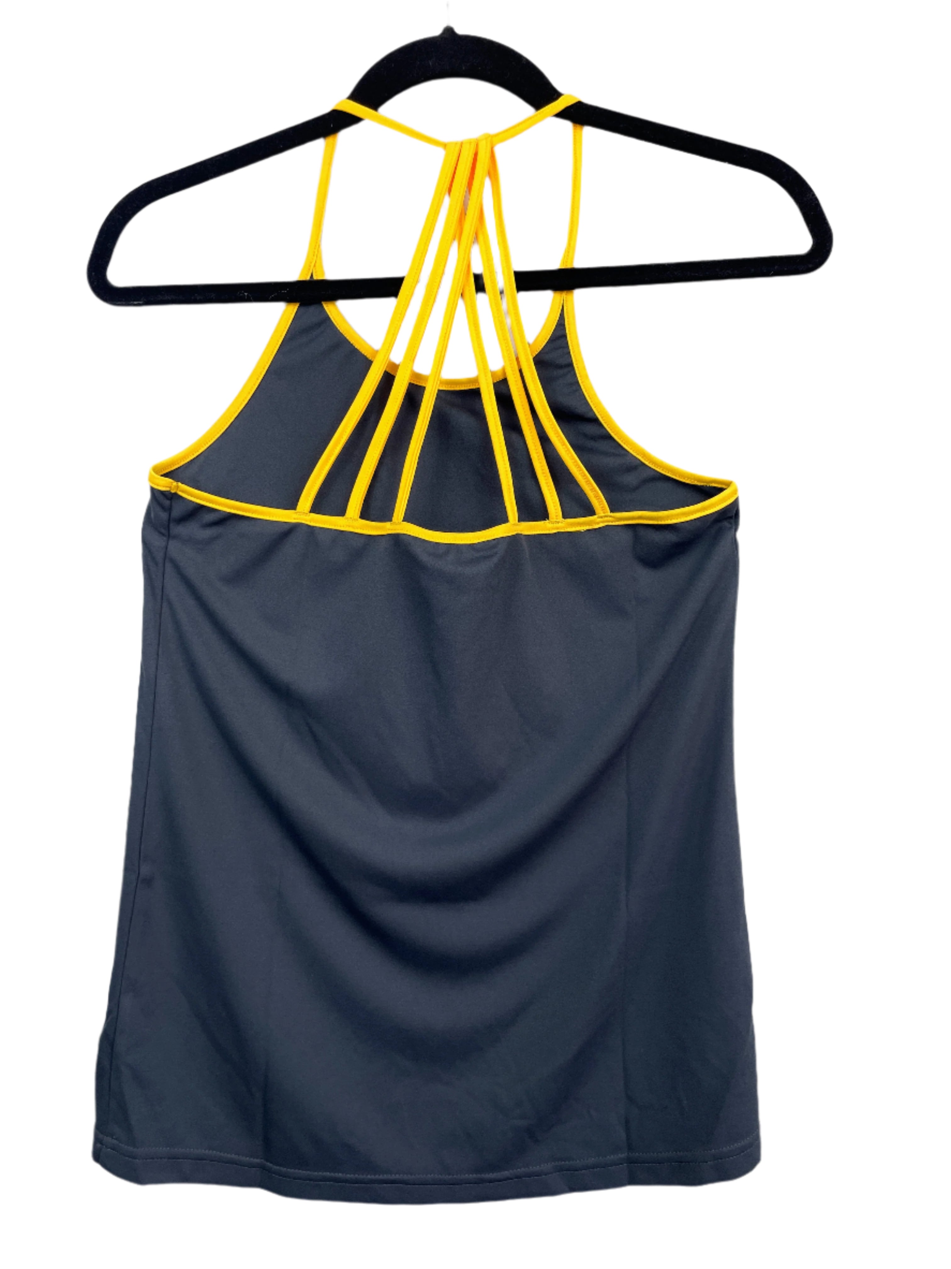 Back view of Bishop charcoal grey tank top showing strappy yellow racerback design, size medium.