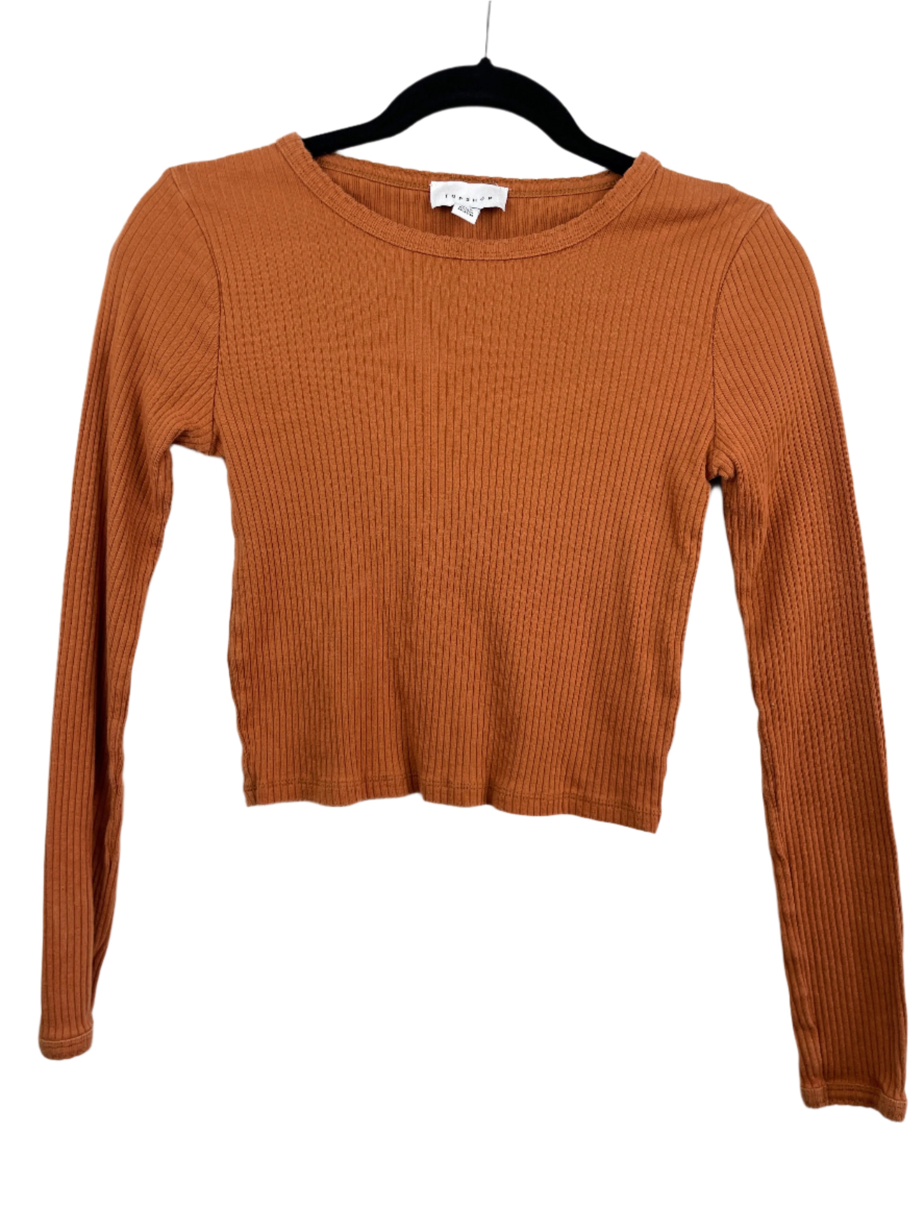 front view brown ribbed long sleeve cotton top topshop size 6