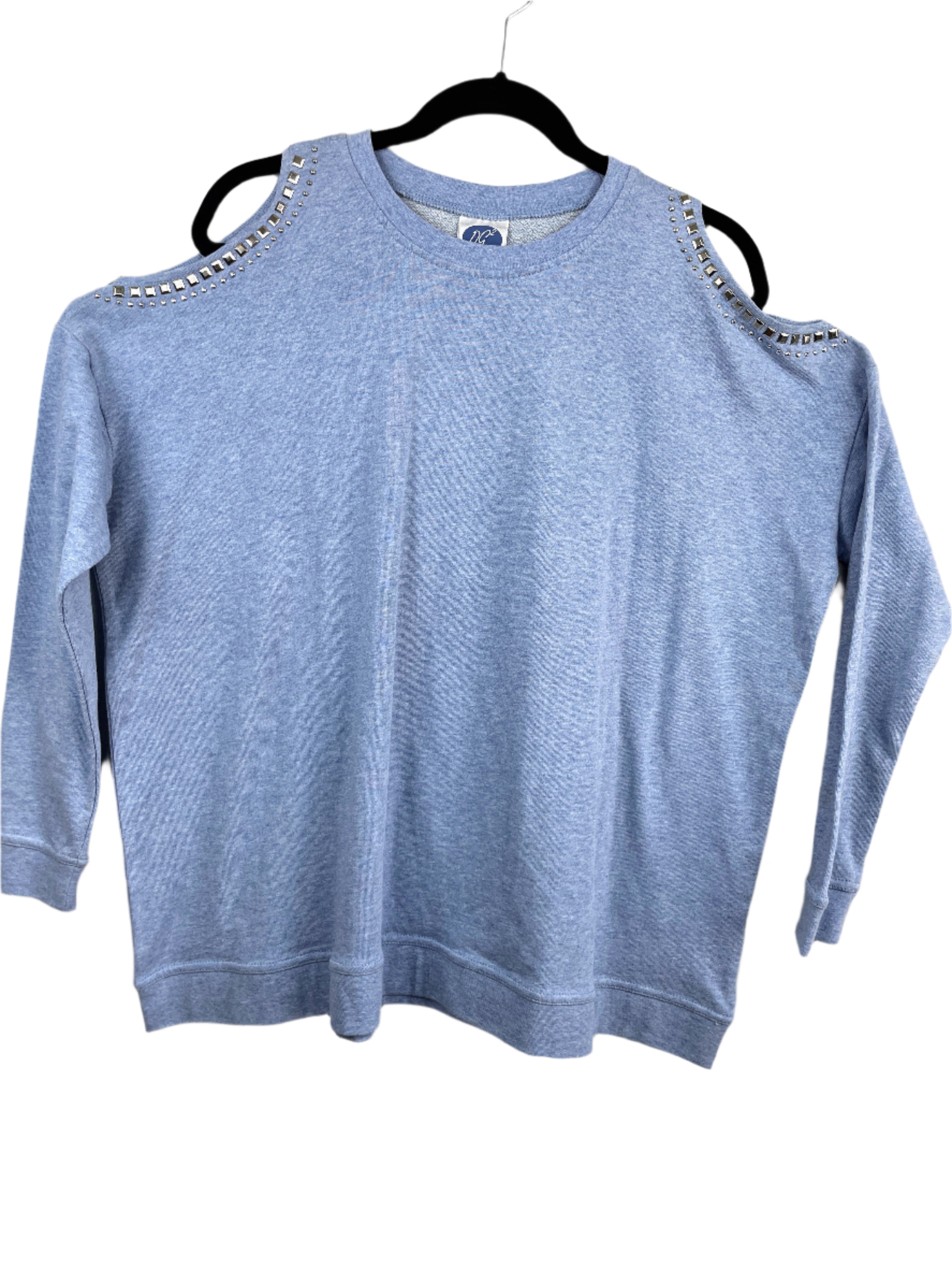 Front view of DG2 by Diane Gilman blue cold shoulder sweatshirt with studded shoulders size medium