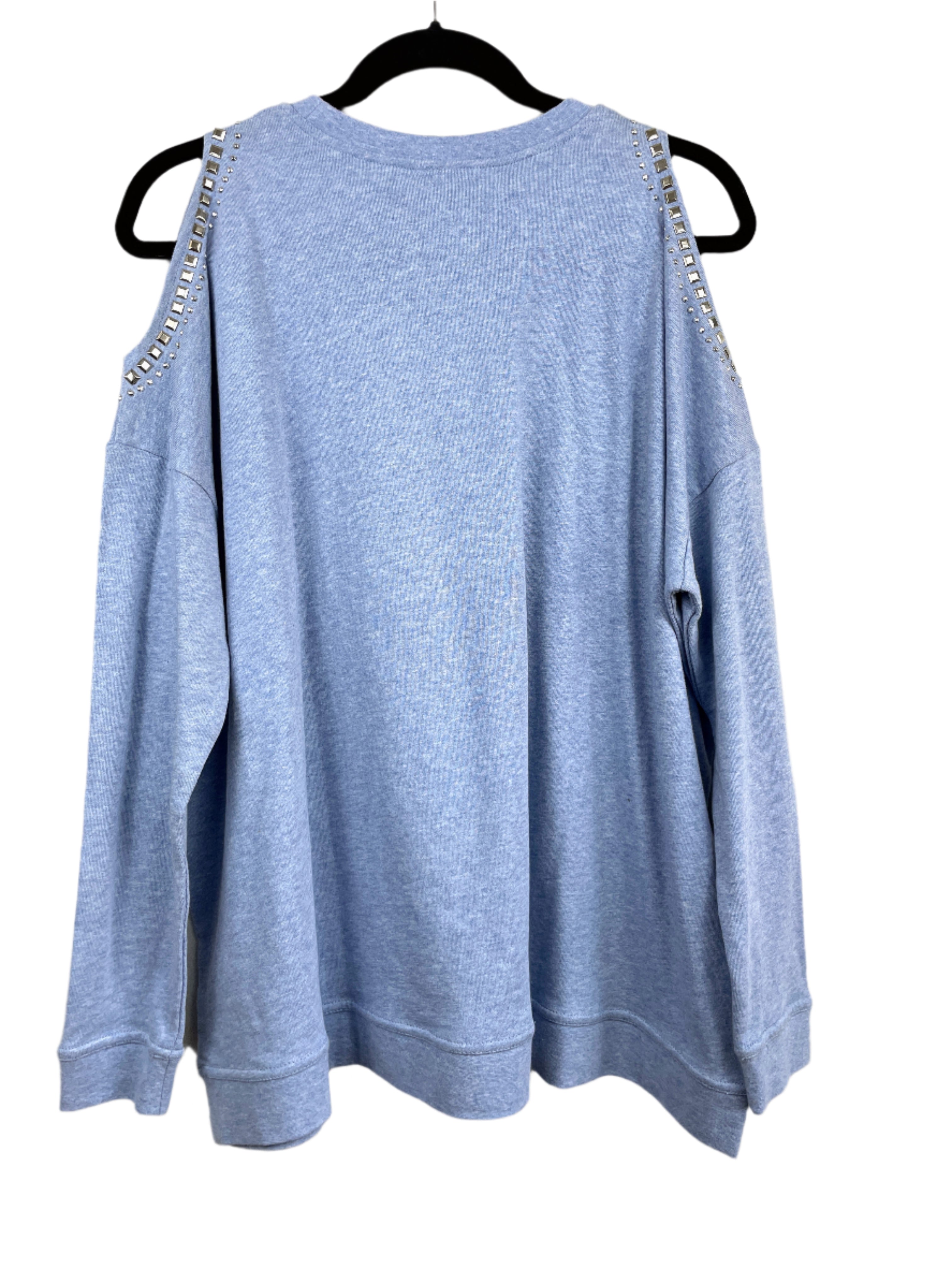 Back view of DG2 by Diane Gilman blue cold shoulder sweatshirt with studded shoulders size medium