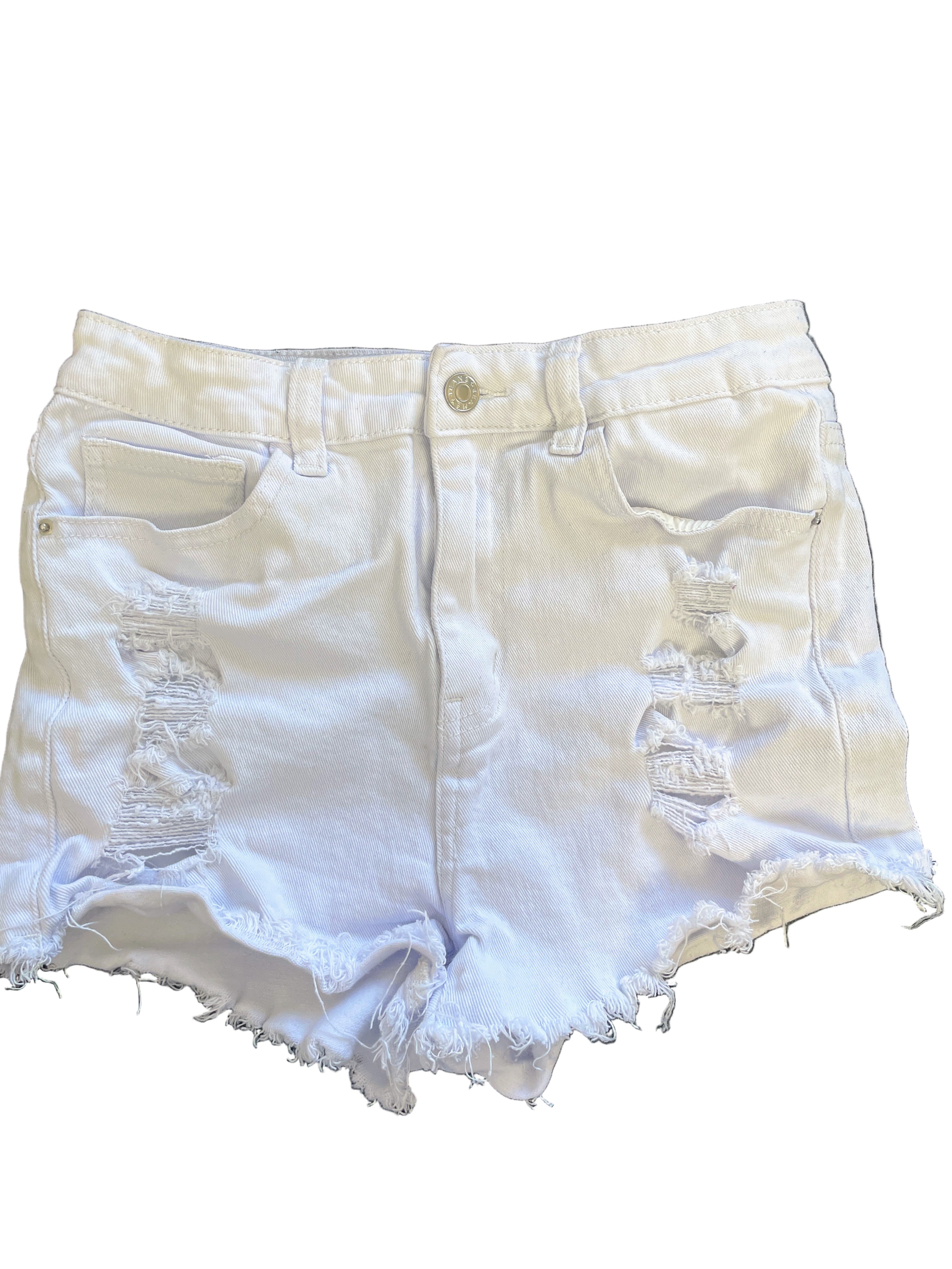 Back view of SHEIN white denim shorts showing pockets and waistband
