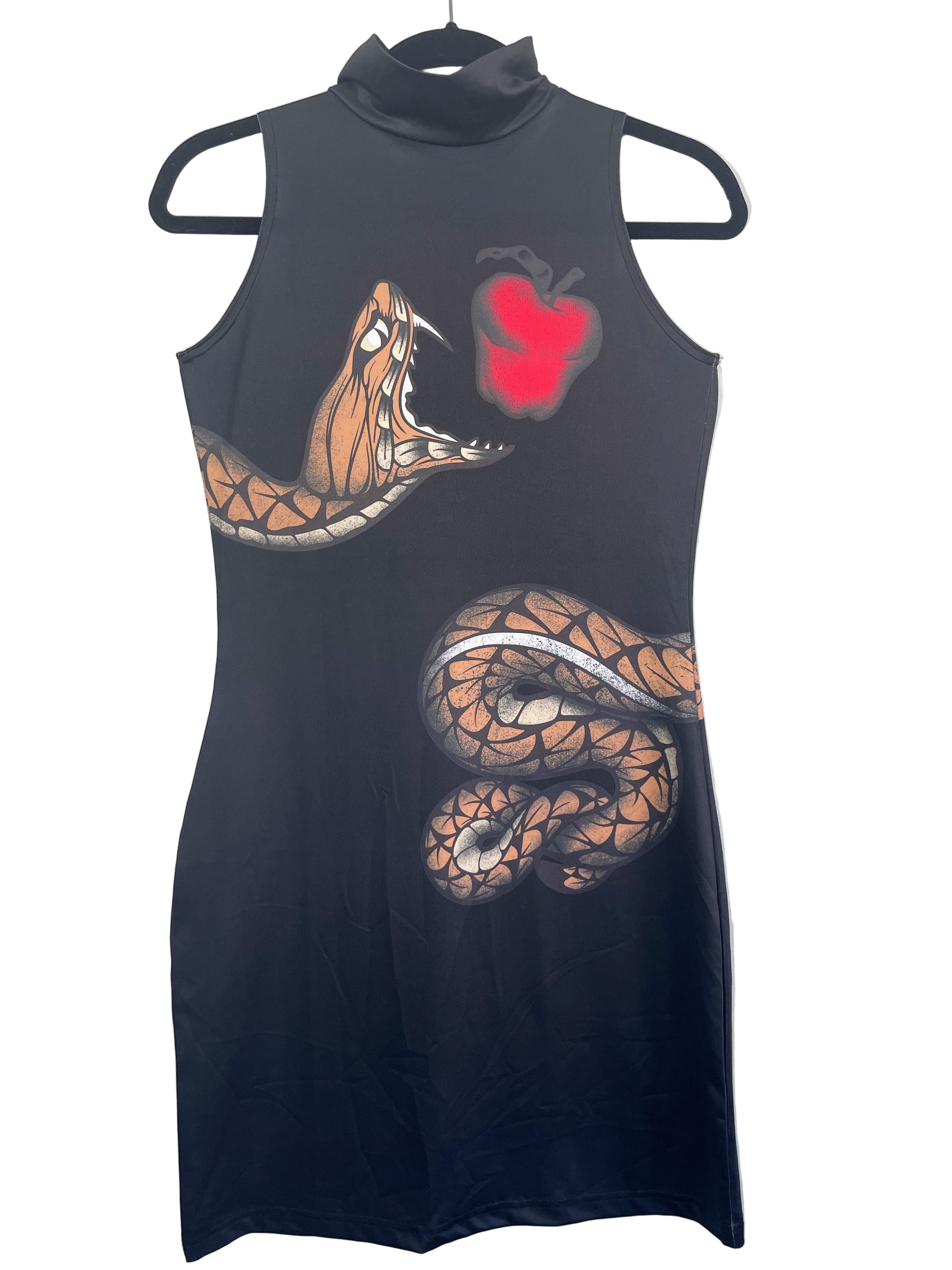 Front view of black sleeveless bodycon dress with large snake and red apple graphic