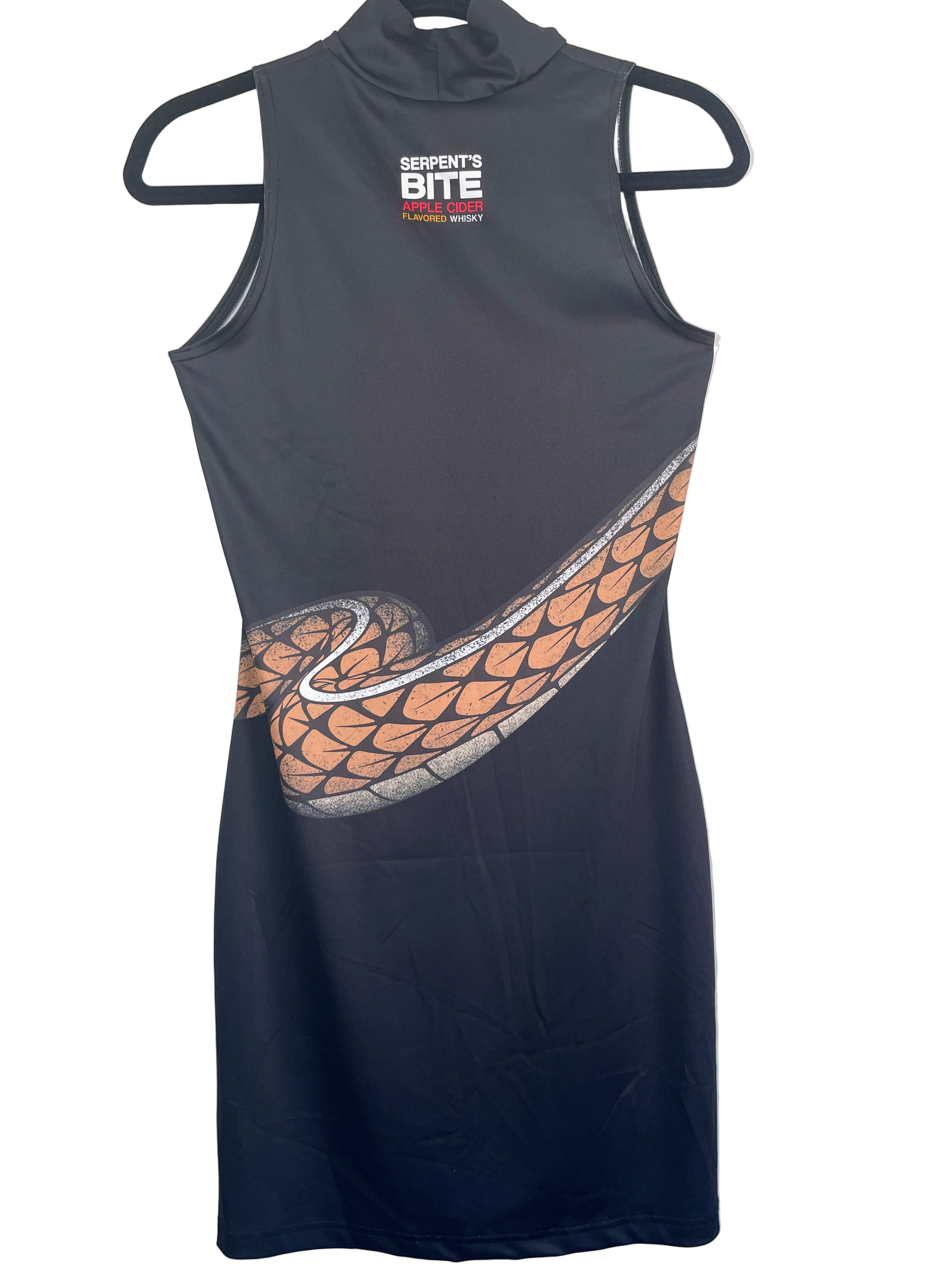 Back view of black sleeveless bodycon dress with “Serpent’s Bite Apple Cider Flavoured Whisky” text and snake tail design