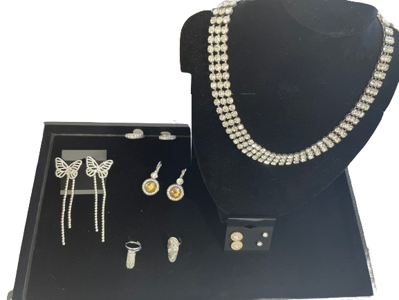 Jewelry set including a necklace and earrings on a black display stand.