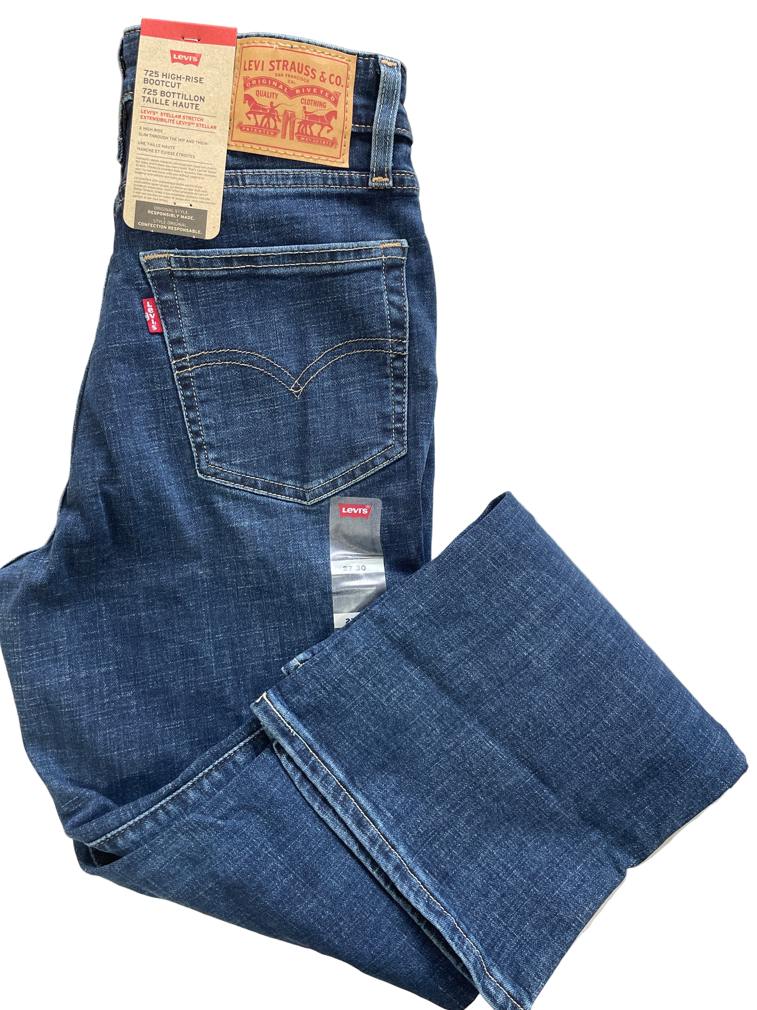 Levi’s 725 High-Rise Bootcut women’s jeans in dark wash, size 27x30, bootcut leg with classic five-pocket styling.