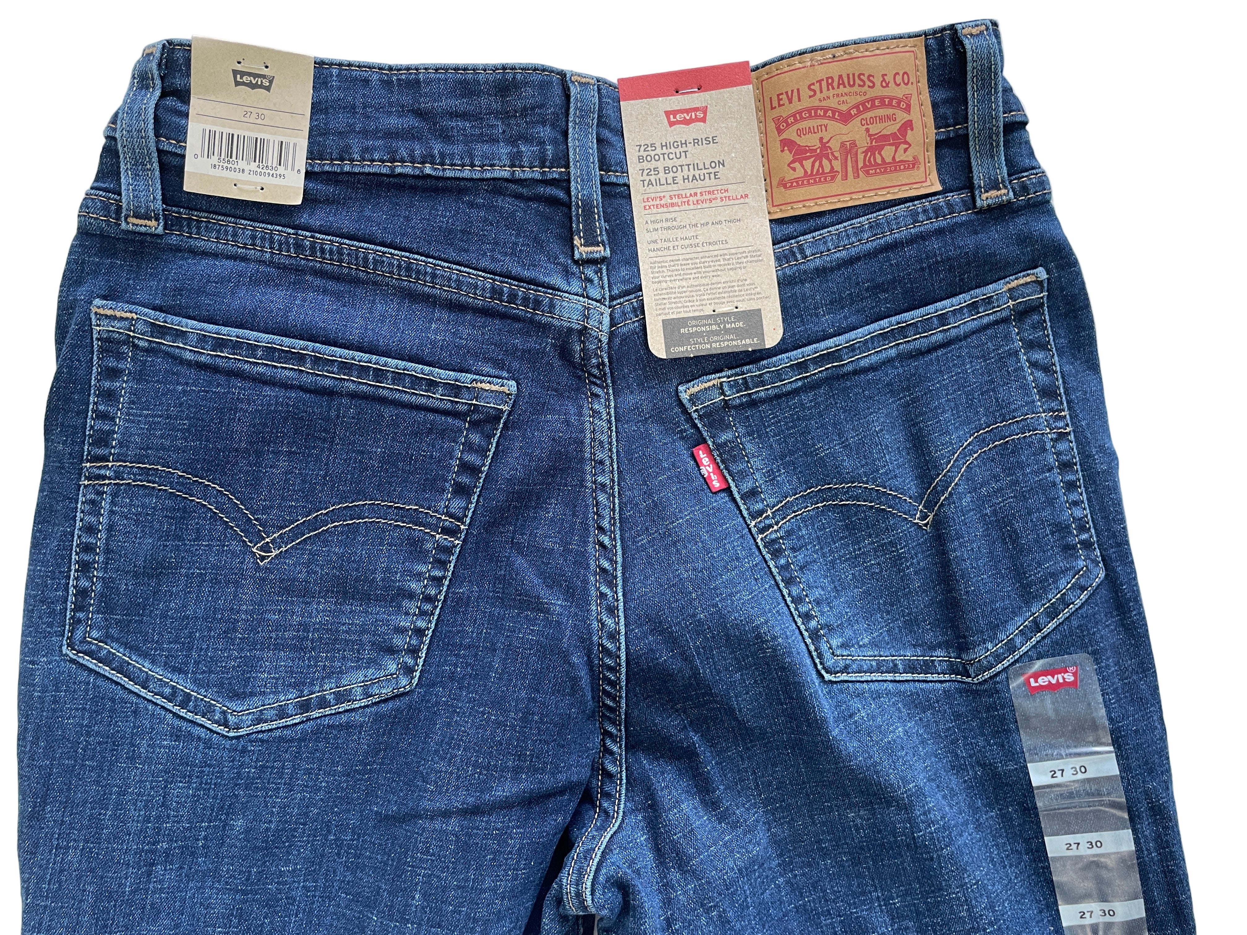 Levi’s 725 High-Rise Bootcut women’s jeans in dark wash, size 27x30