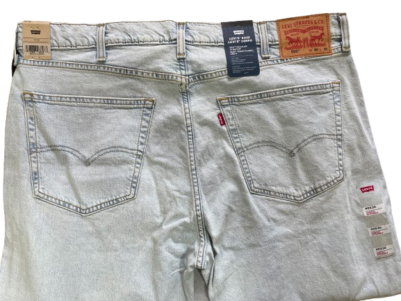 Levi’s Ease 505 Regular Straight men’s jeans in light wash, size 40x30, straight leg fit with soft fabric and stretch, zipper fly, leather patch on waistband,