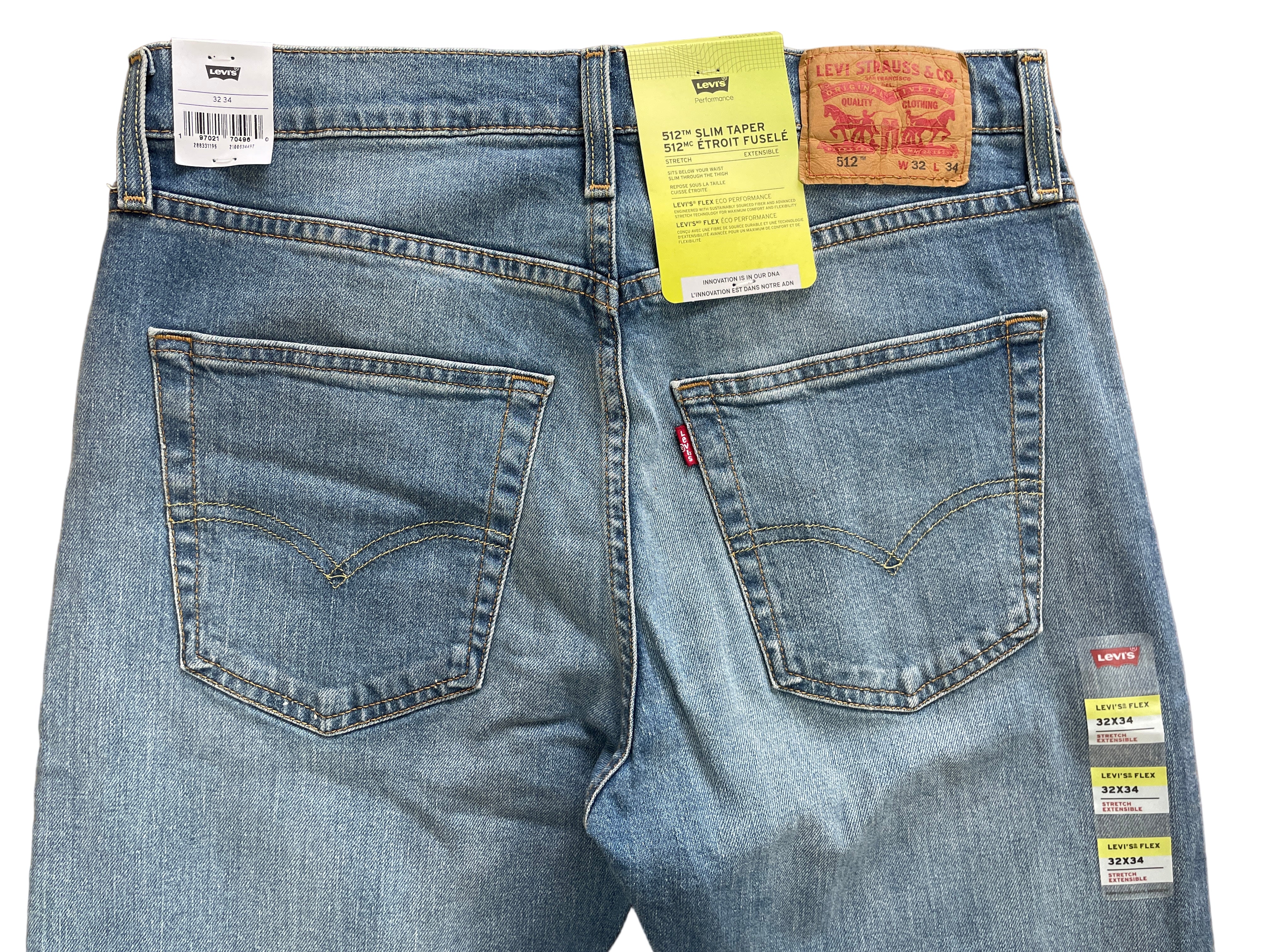 Levi’s 512 Slim Taper men’s jeans in light wash, size 32x34, stretch denim with natural fading, leather patch on waistband