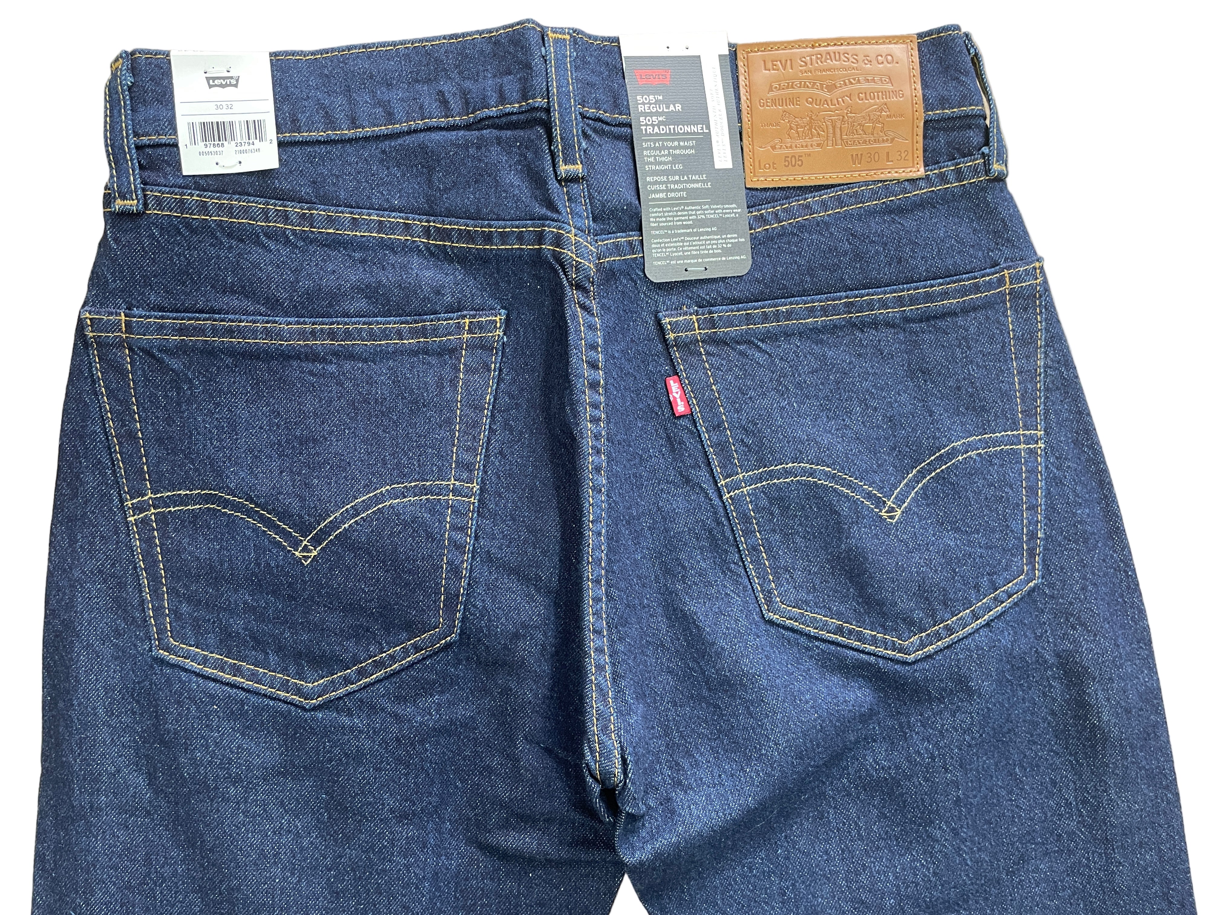 Levi’s 505 Regular men’s jeans in dark indigo, leather patch on waistband,