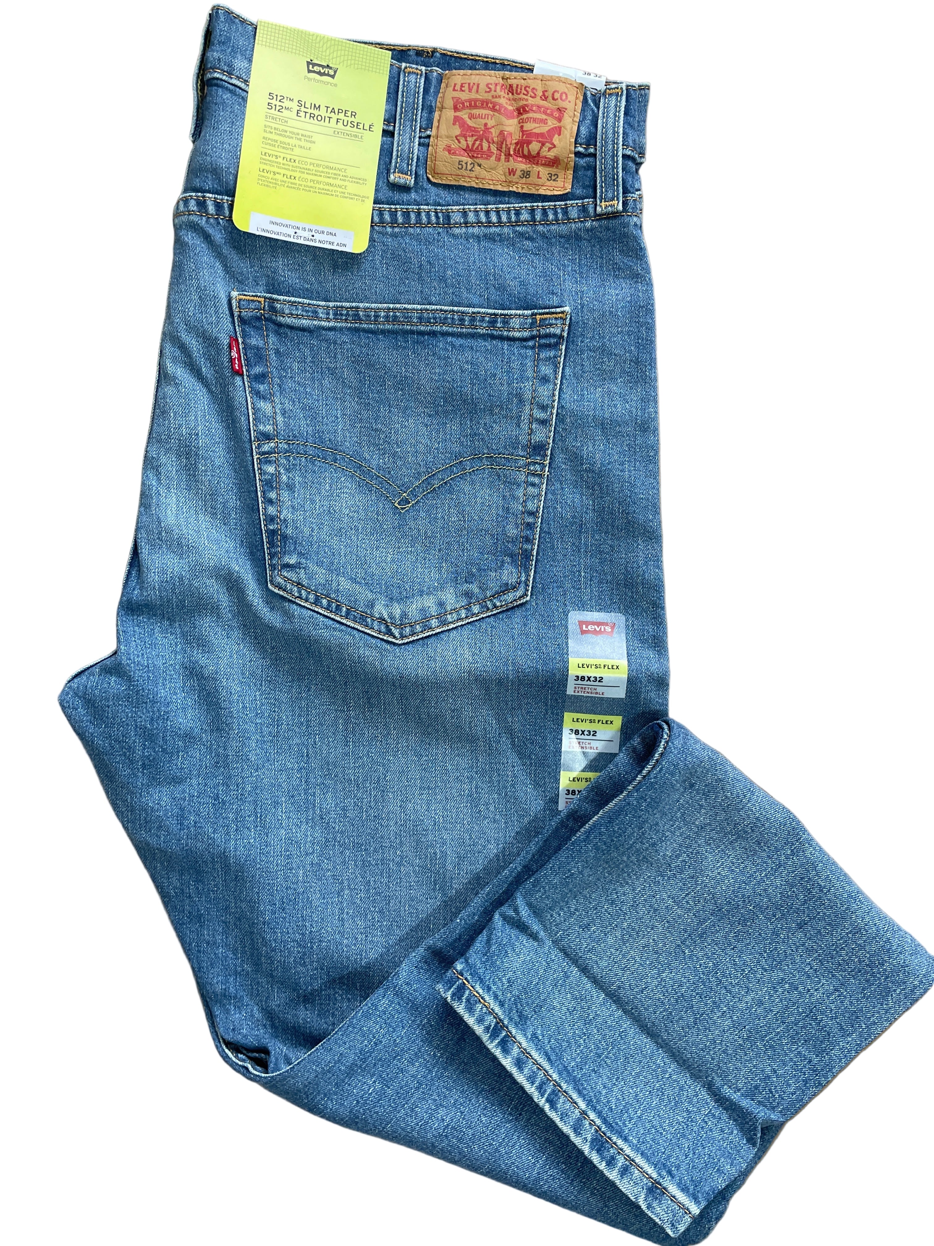 Levi’s 512 Slim Taper men’s jeans in medium wash, size 38x32, stretch denim with subtle fading, zipper fly, five pockets, leather patch on waistband,