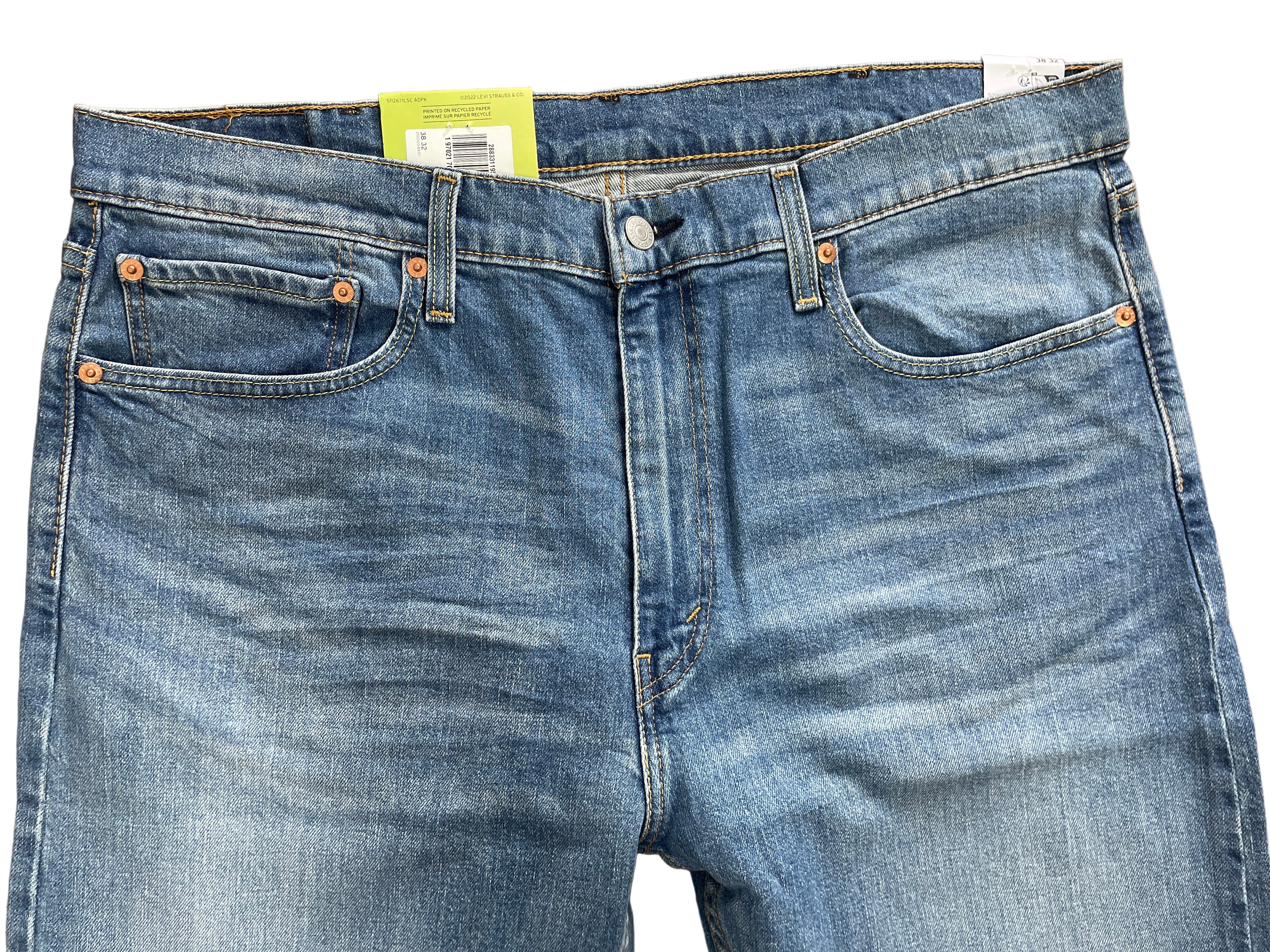 Levi’s 512 Slim Taper men’s jeans in medium wash, size 38x32, stretch denim with subtle fading, zipper fly, five pockets