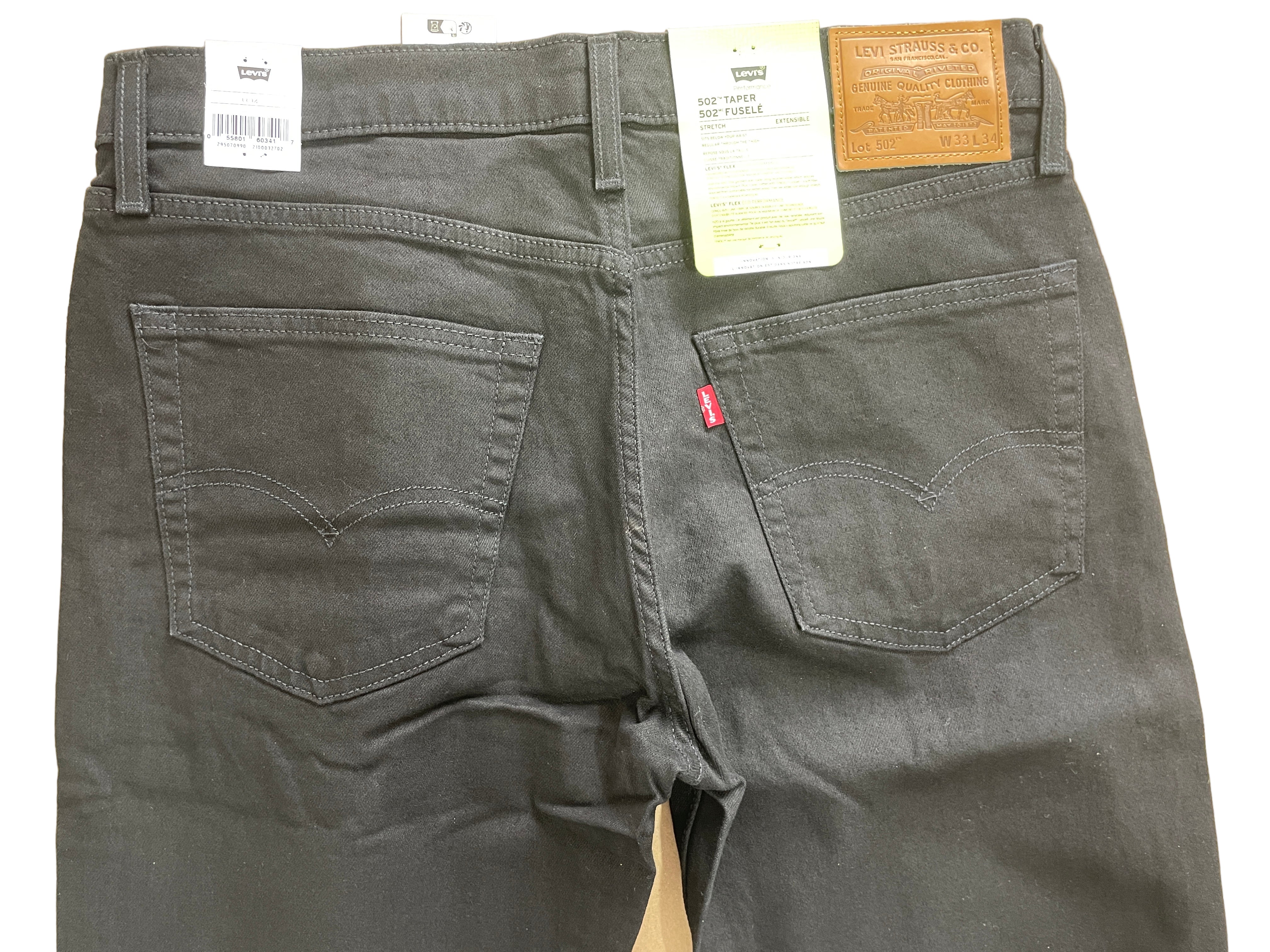 Levi’s 502 Taper men’s jeans in black, size 33x34, stretch fabric with tapered leg, zipper fly