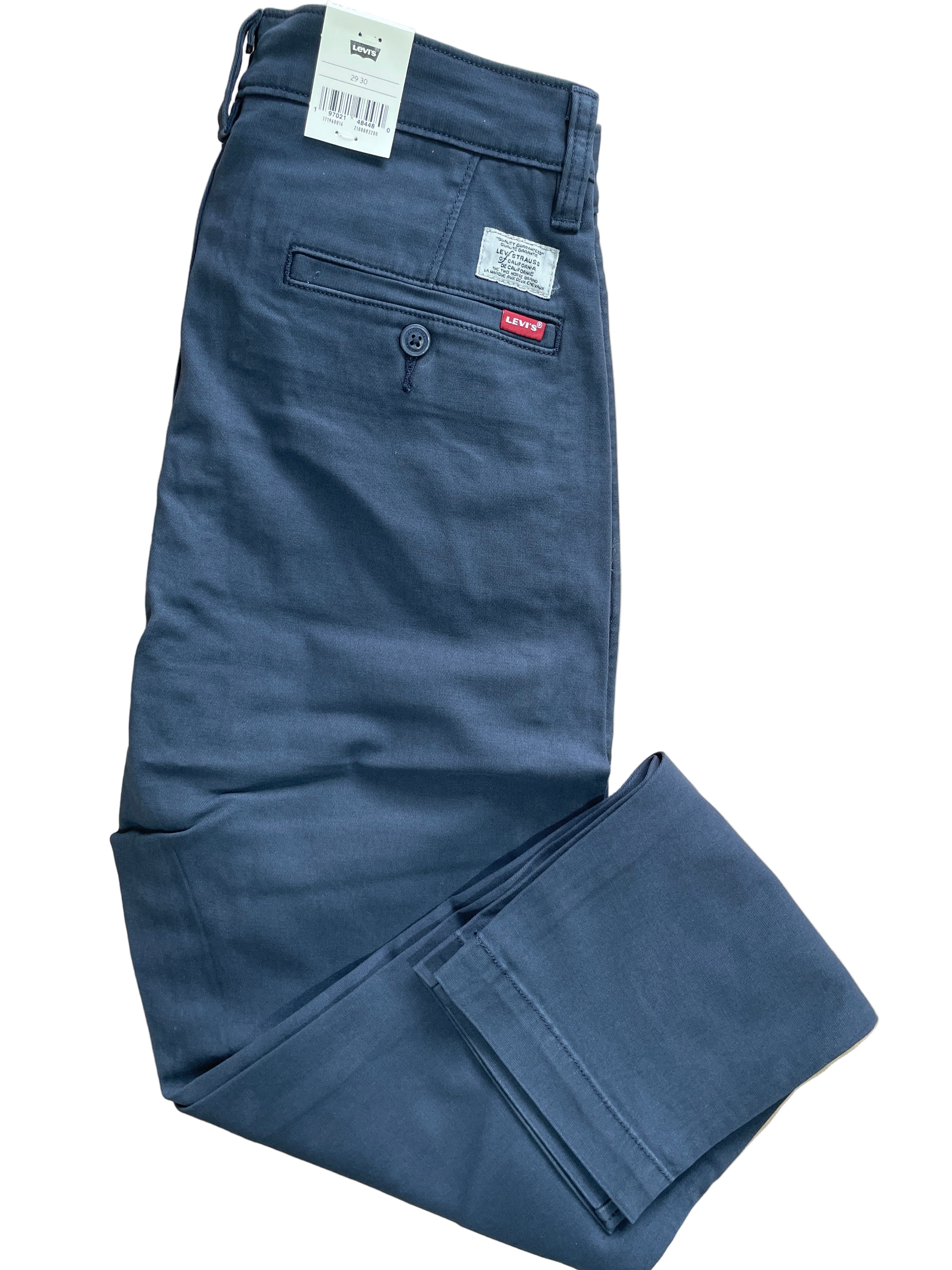  Levi’s XX Chino Standard Taper men’s pants in slate blue, size 29x30, garment-dyed for vintage look, zipper fly with button closure, four pockets