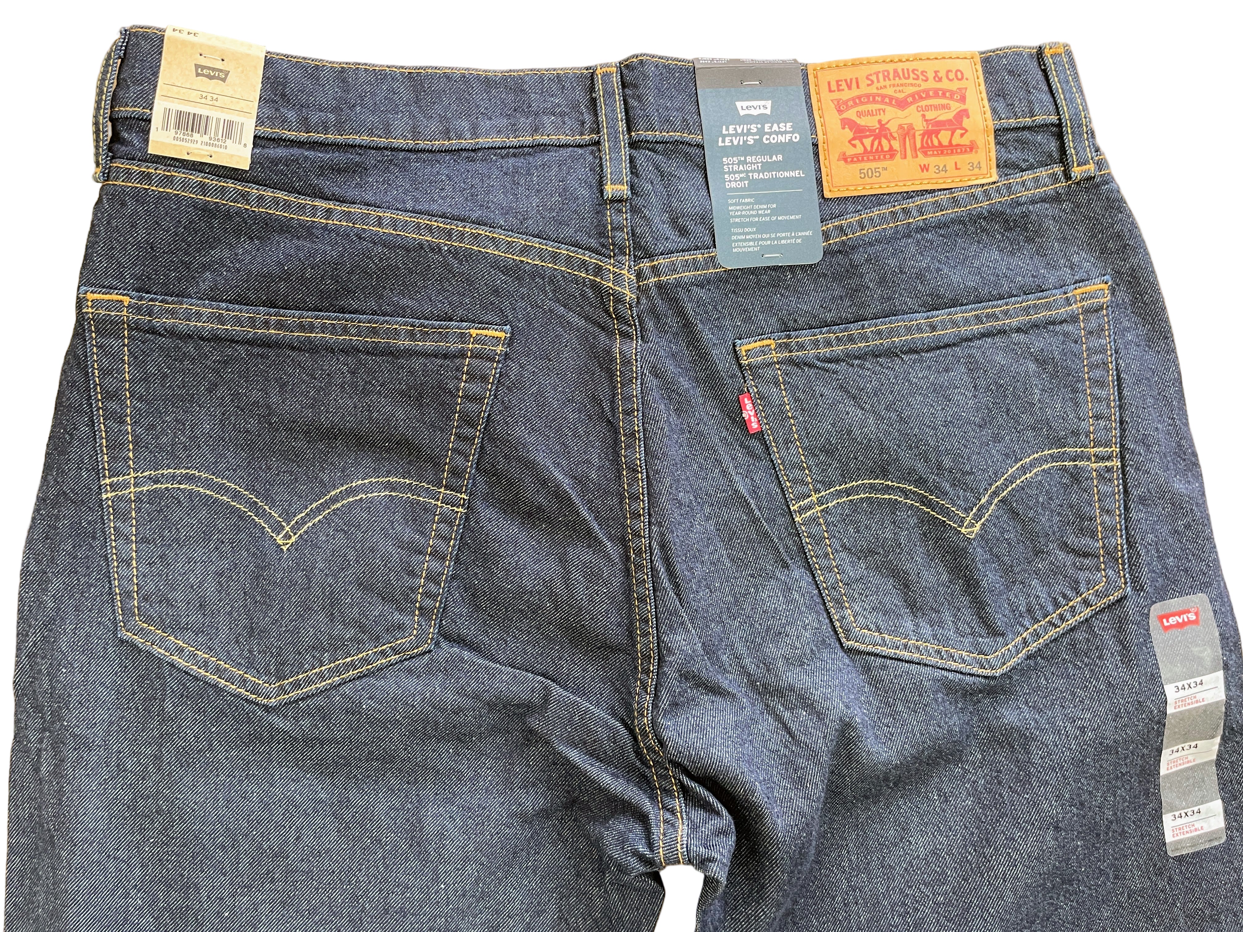 evi's ease 505 regular straight men's jeans midnight denim back view