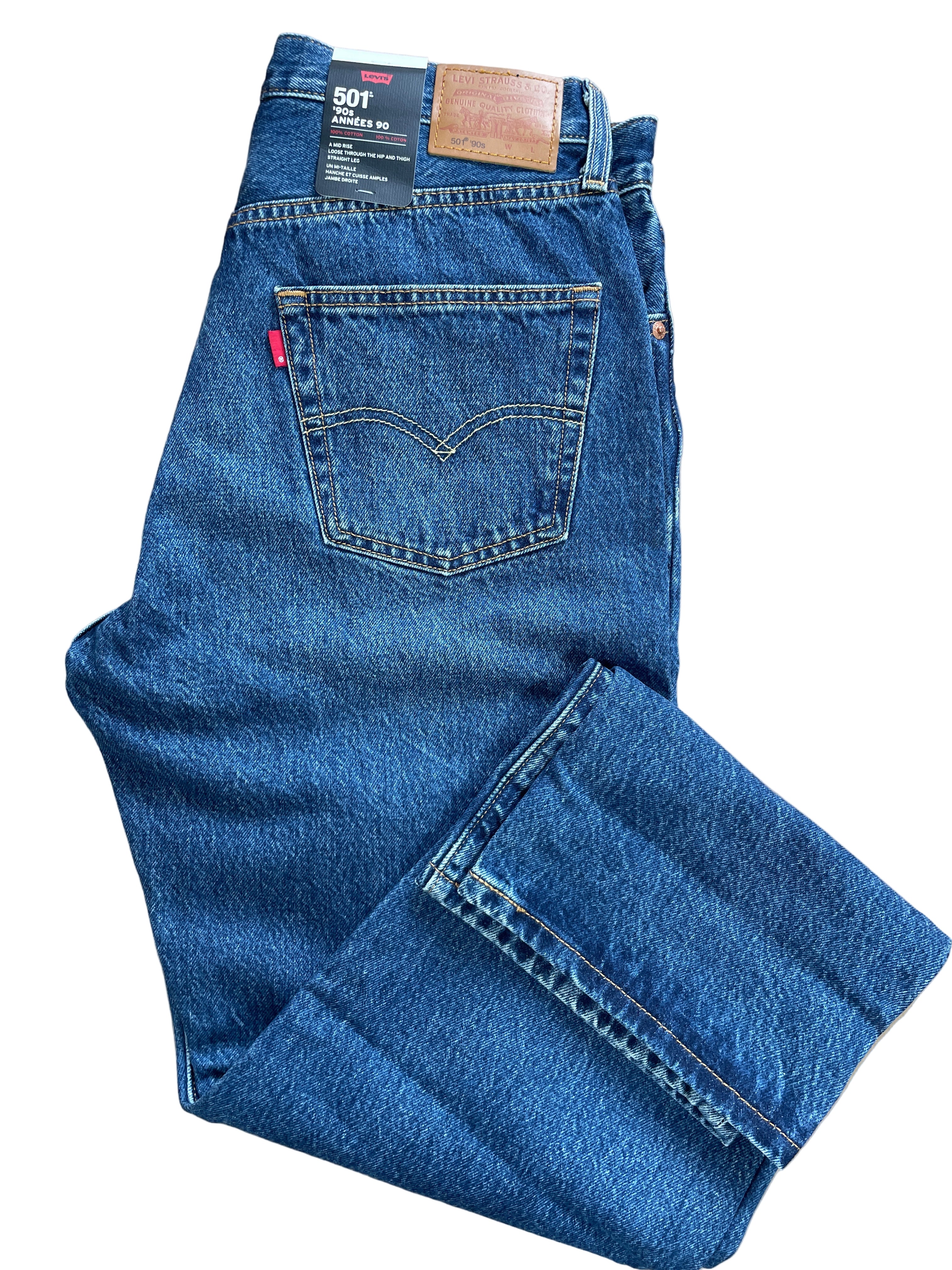Levi's 501 '90s women's straight leg jeans in dark blue wash, new with tags, shown folded