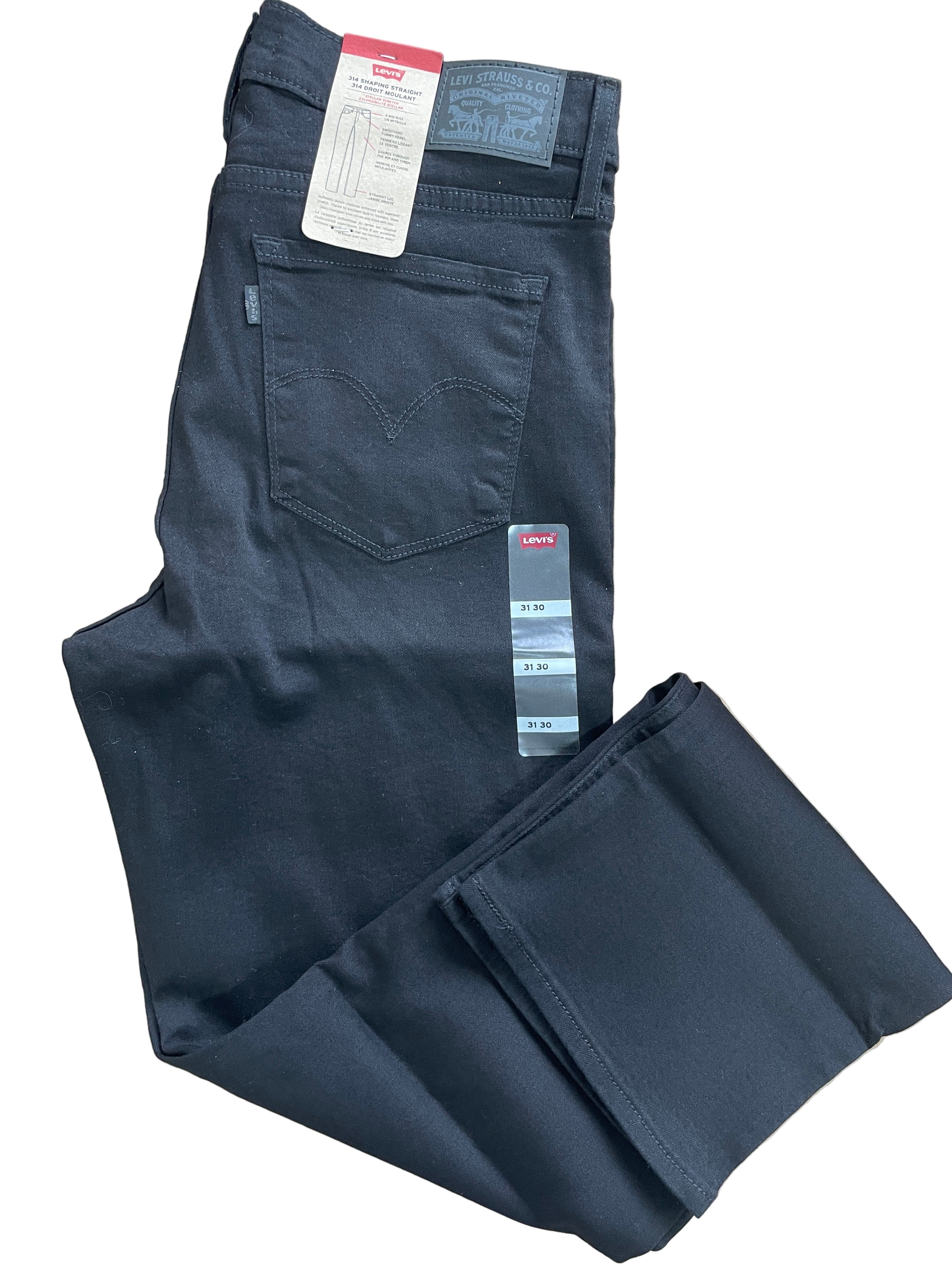 Levi's 314 Shaping Straight black jeans folded with tags visible