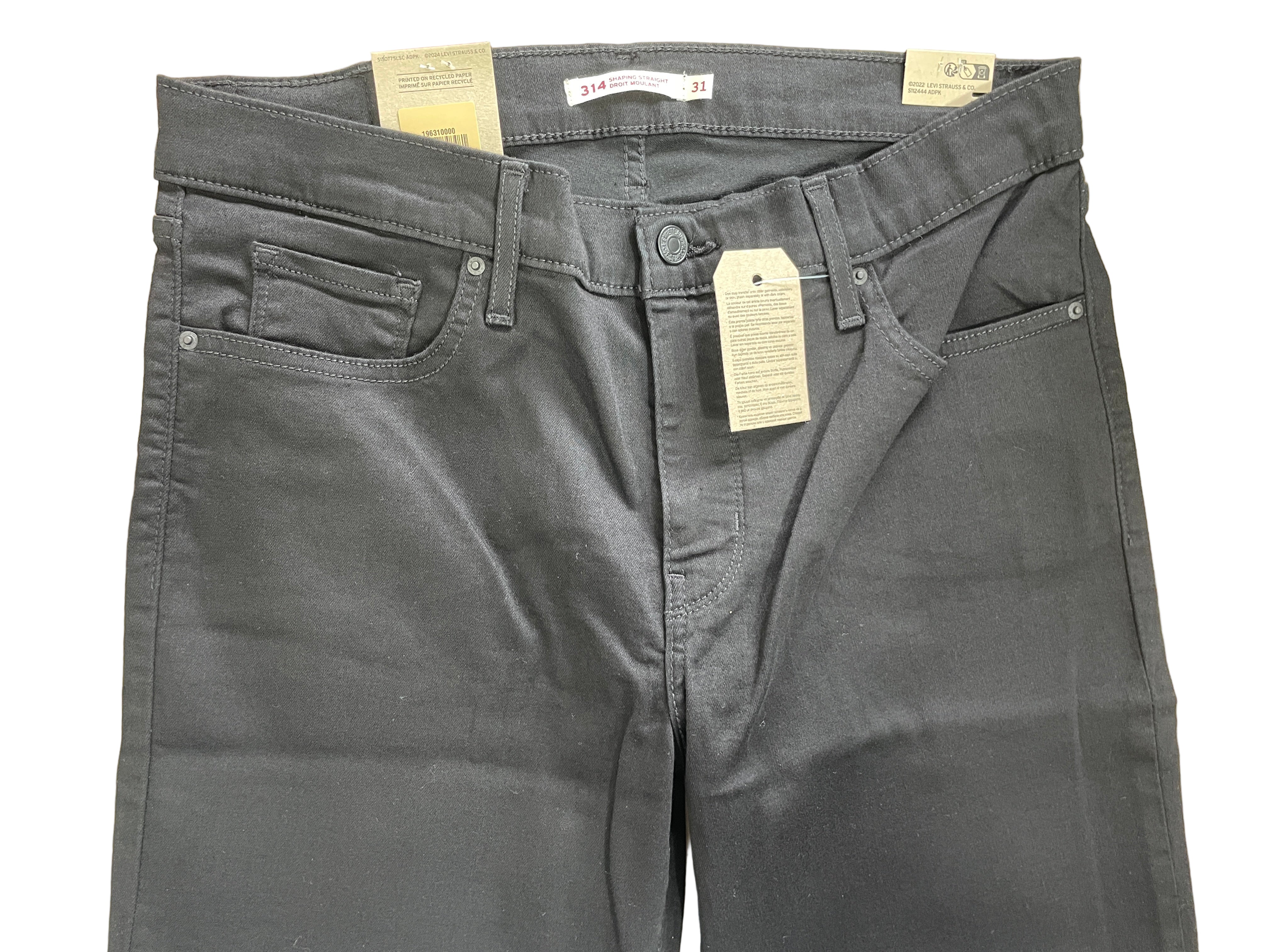 Front view of Levi's 314 Shaping Straight black jeans showing pockets and closure