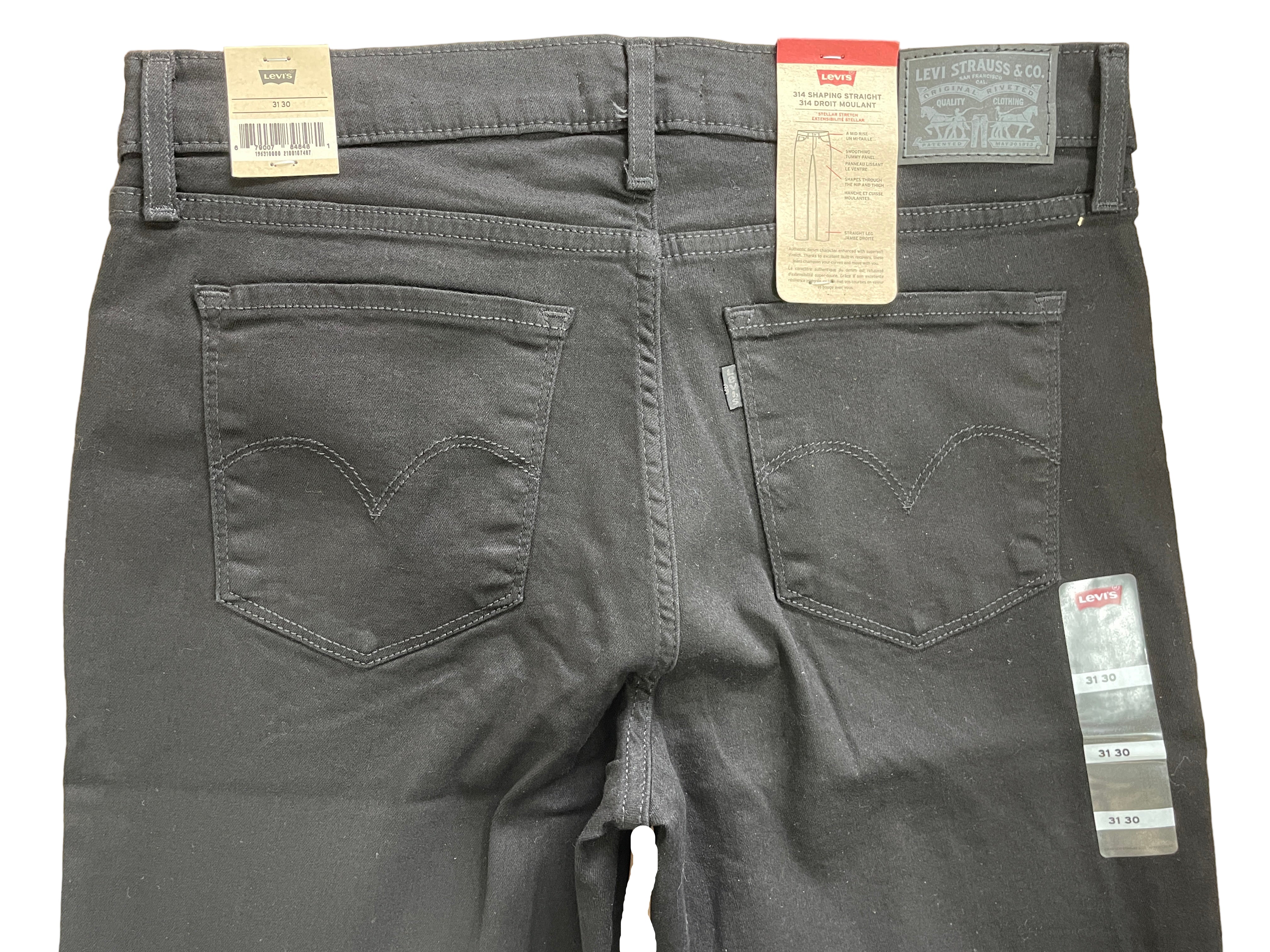 Back view of Levi's 314 Shaping Straight black jeans with Levi's patch and pockets visible