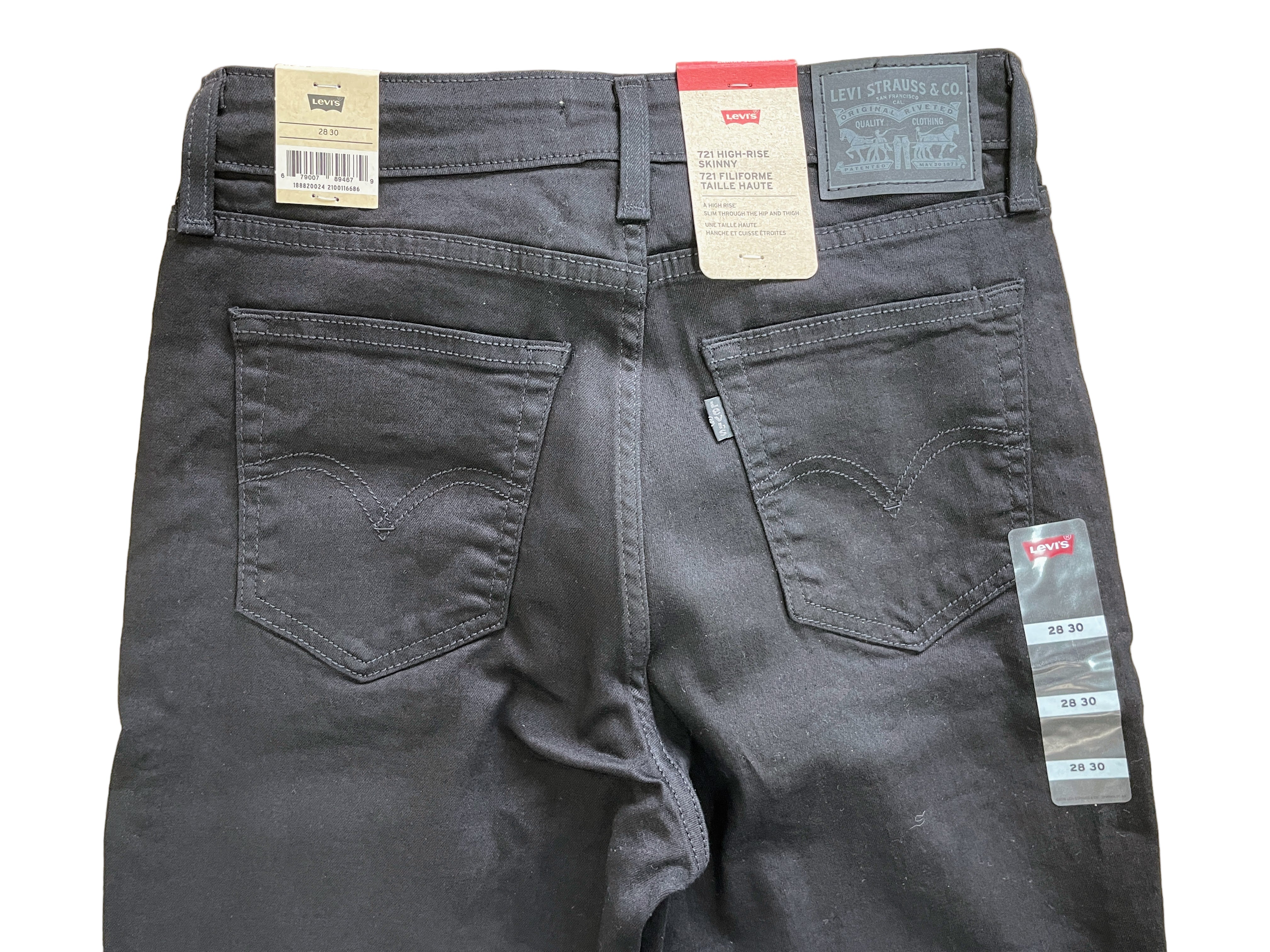 Levi's 721 High-Rise Skinny black jeans size 28/30 back view with Levi's patch and tags