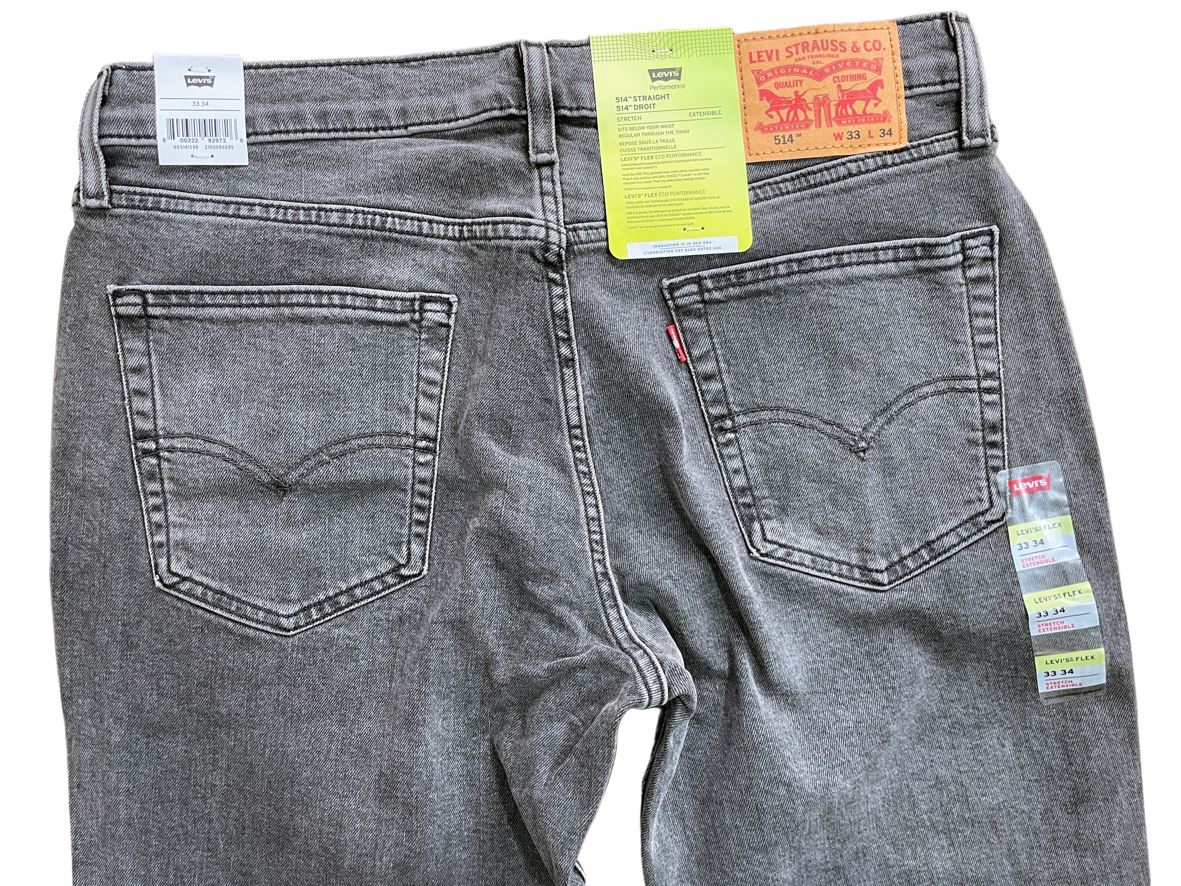 Levi's 514 grey men's jeans size 33x34 back view