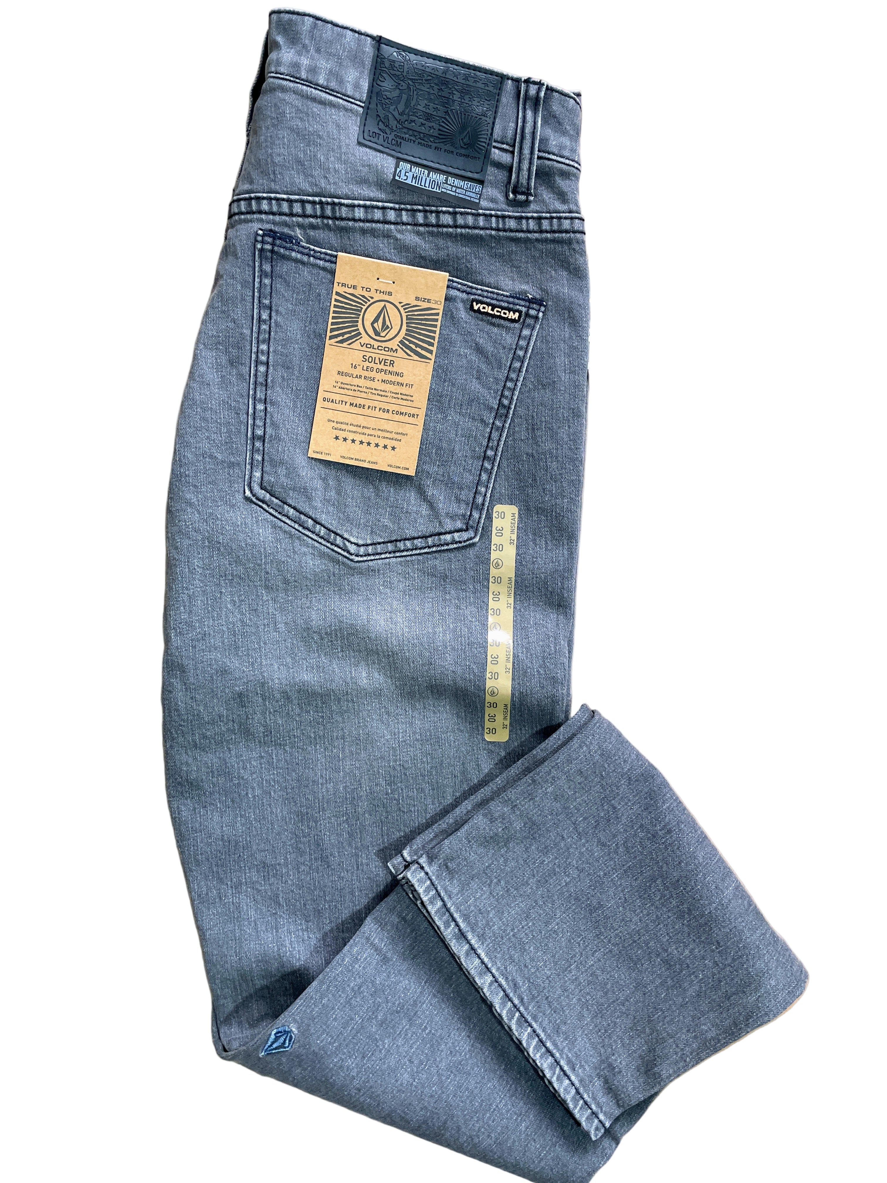 volcom solver modern fit men's jeans grey folded view