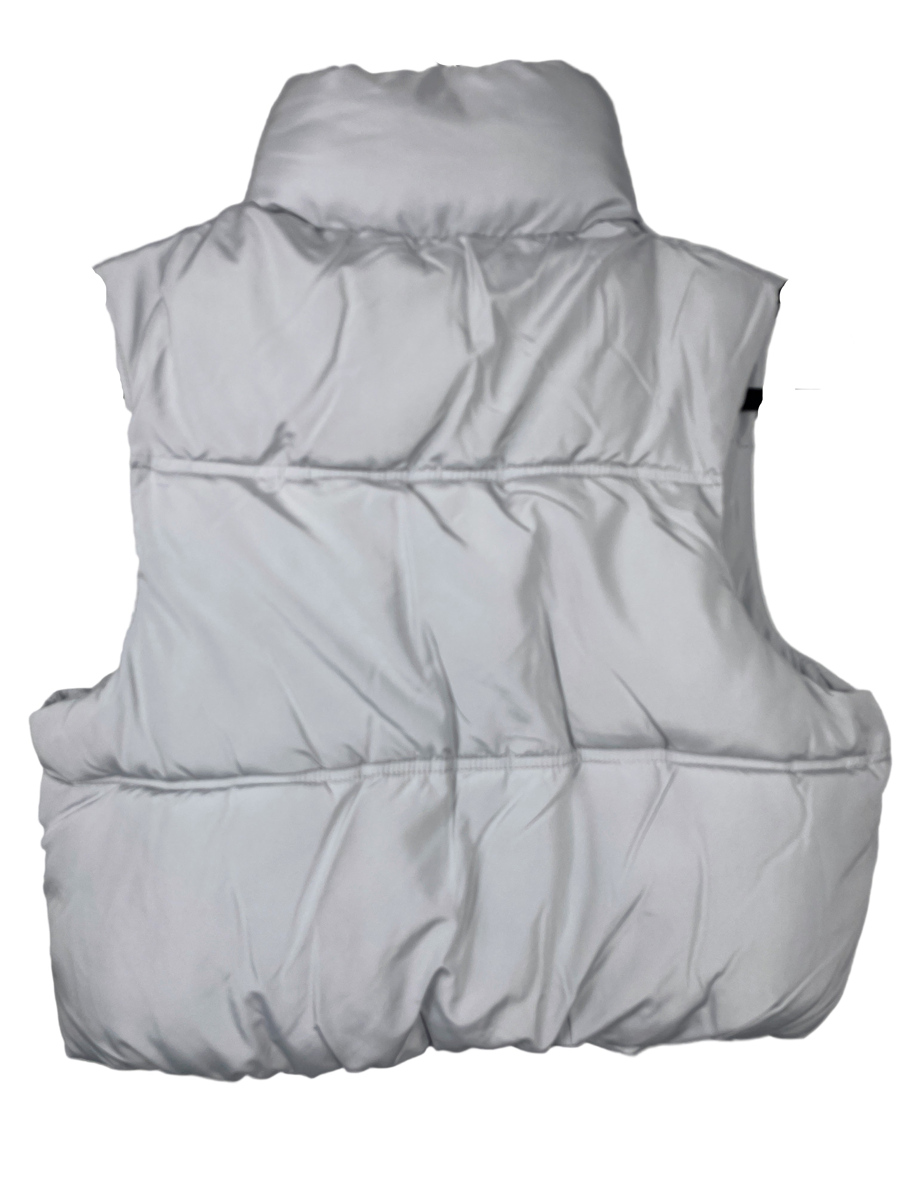 Gray puffer vest on a hanger against a white background