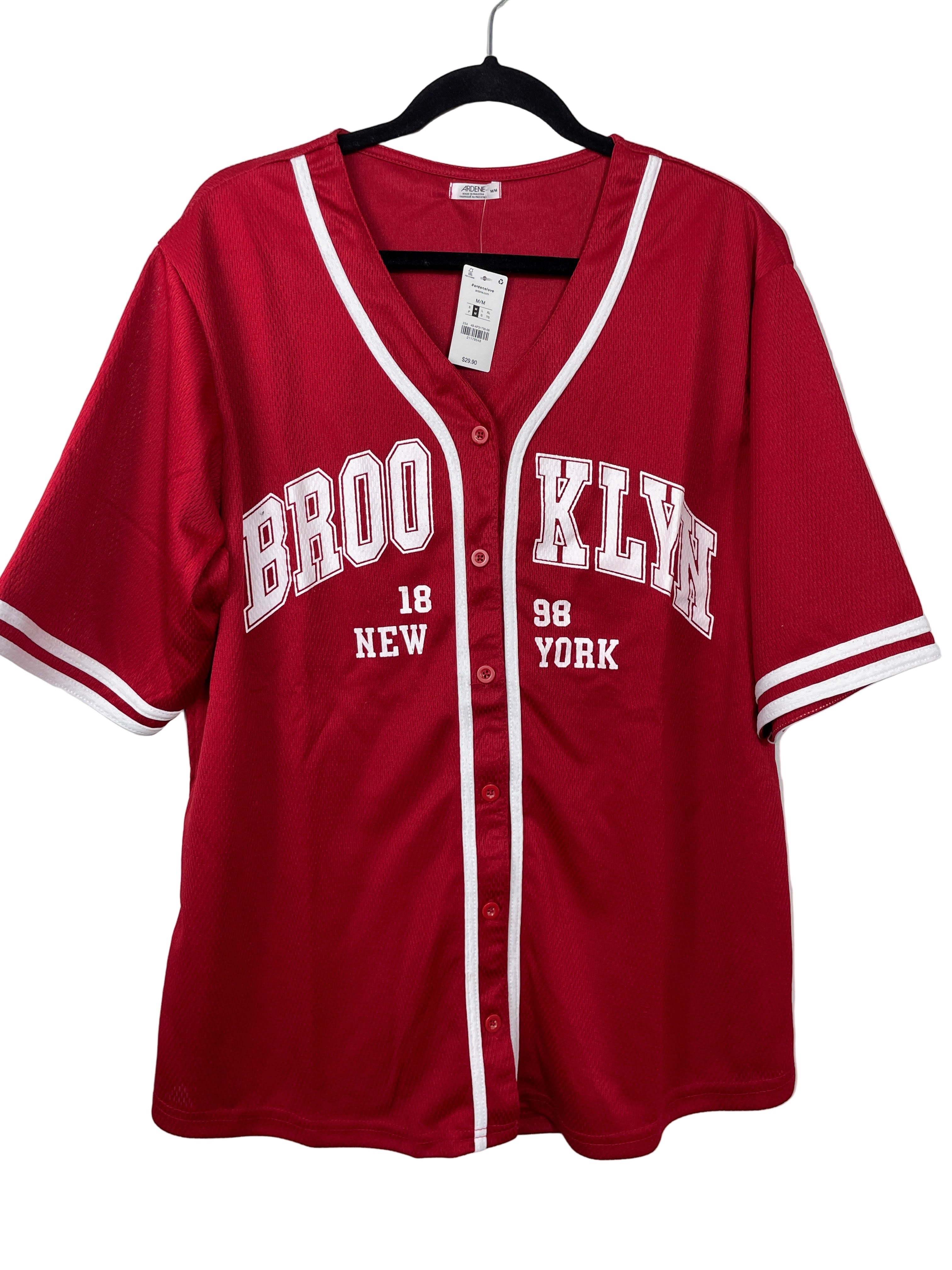 Red baseball jersey with 'Brooklyn New York' text on a white background