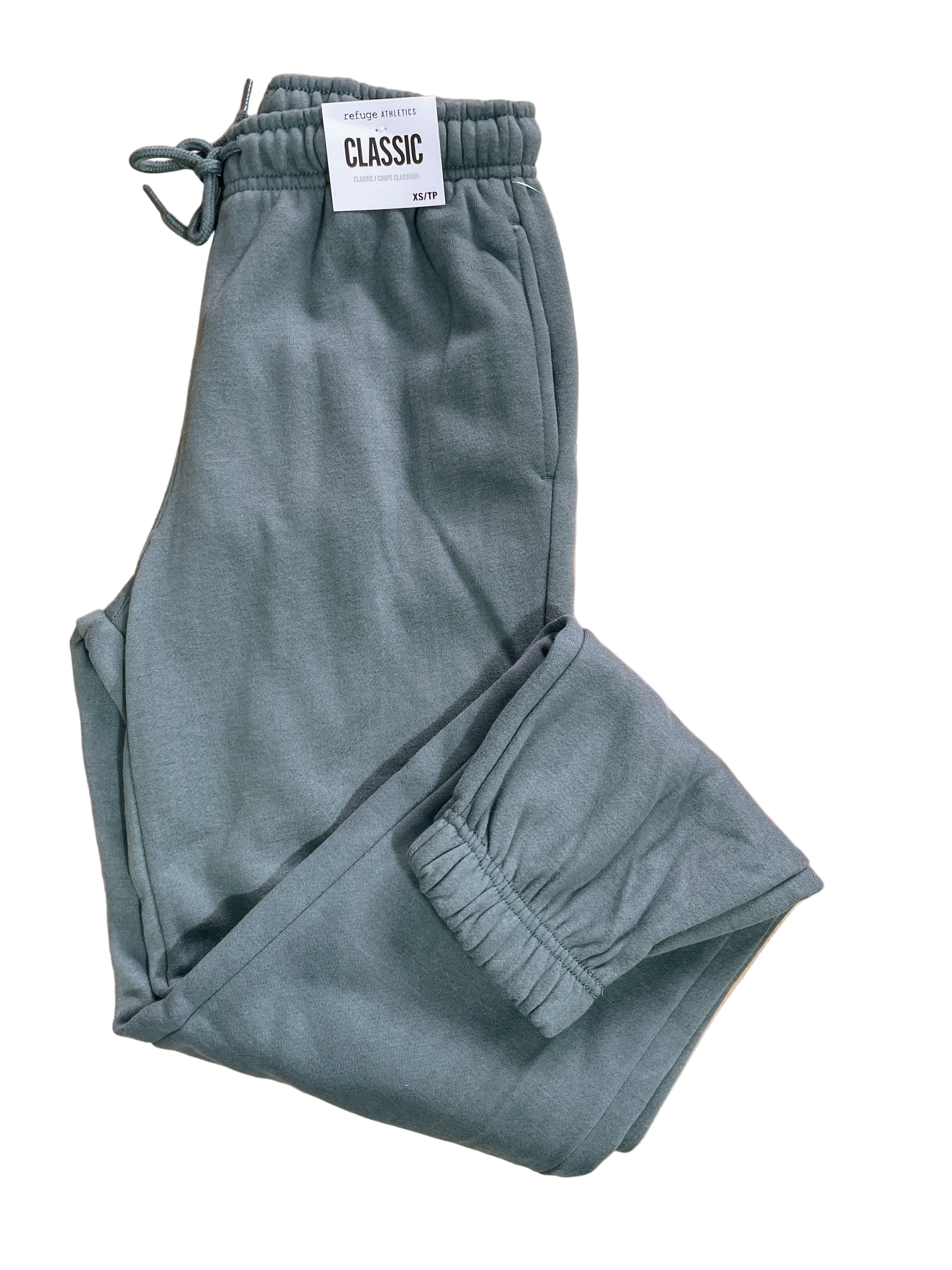 Refuge Athletics Classic green sweatpants with elastic drawstring waistband, elastic cuffs, and side pockets