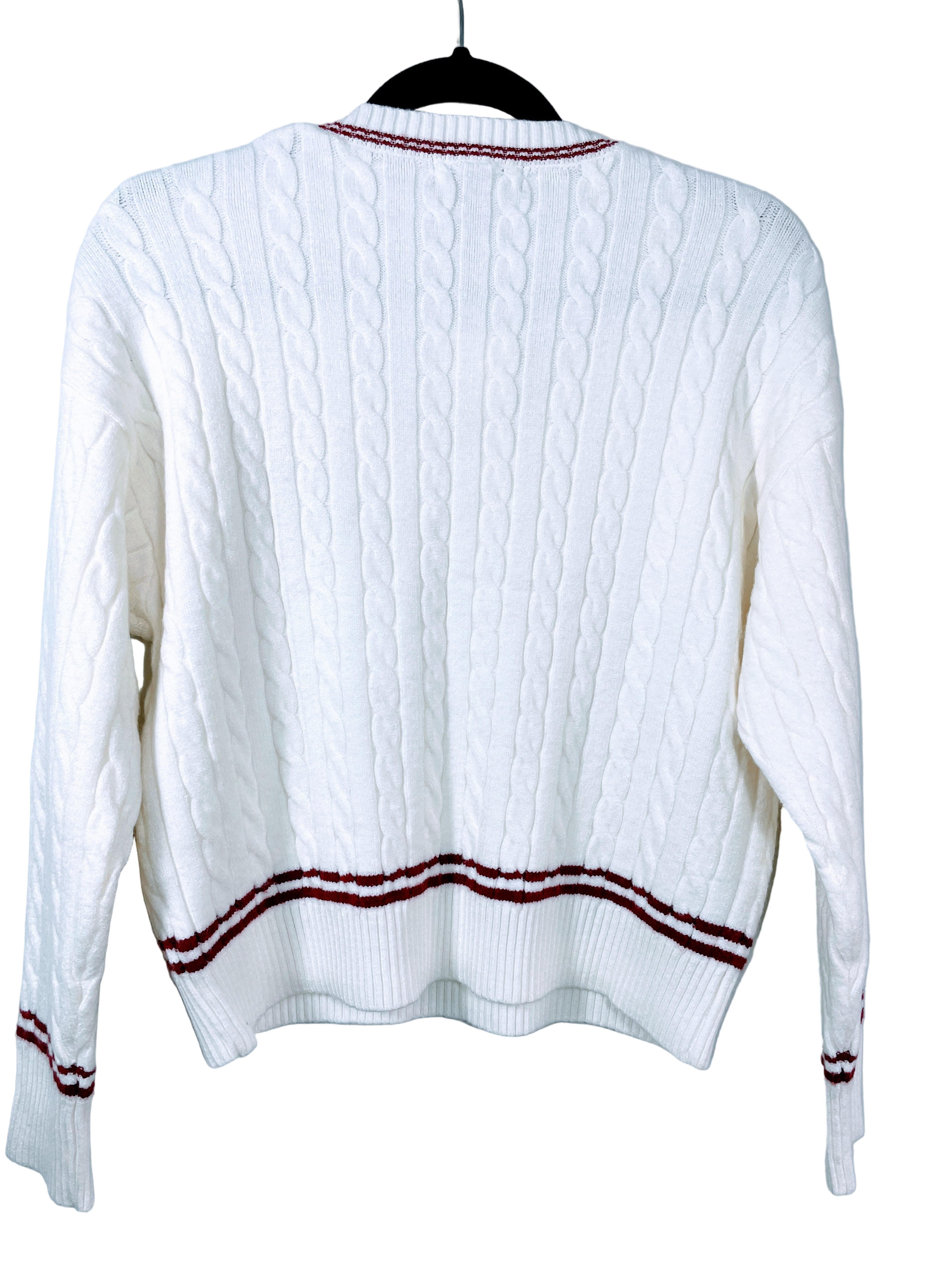 cream cable knit v-neck sweater with 07 patch back