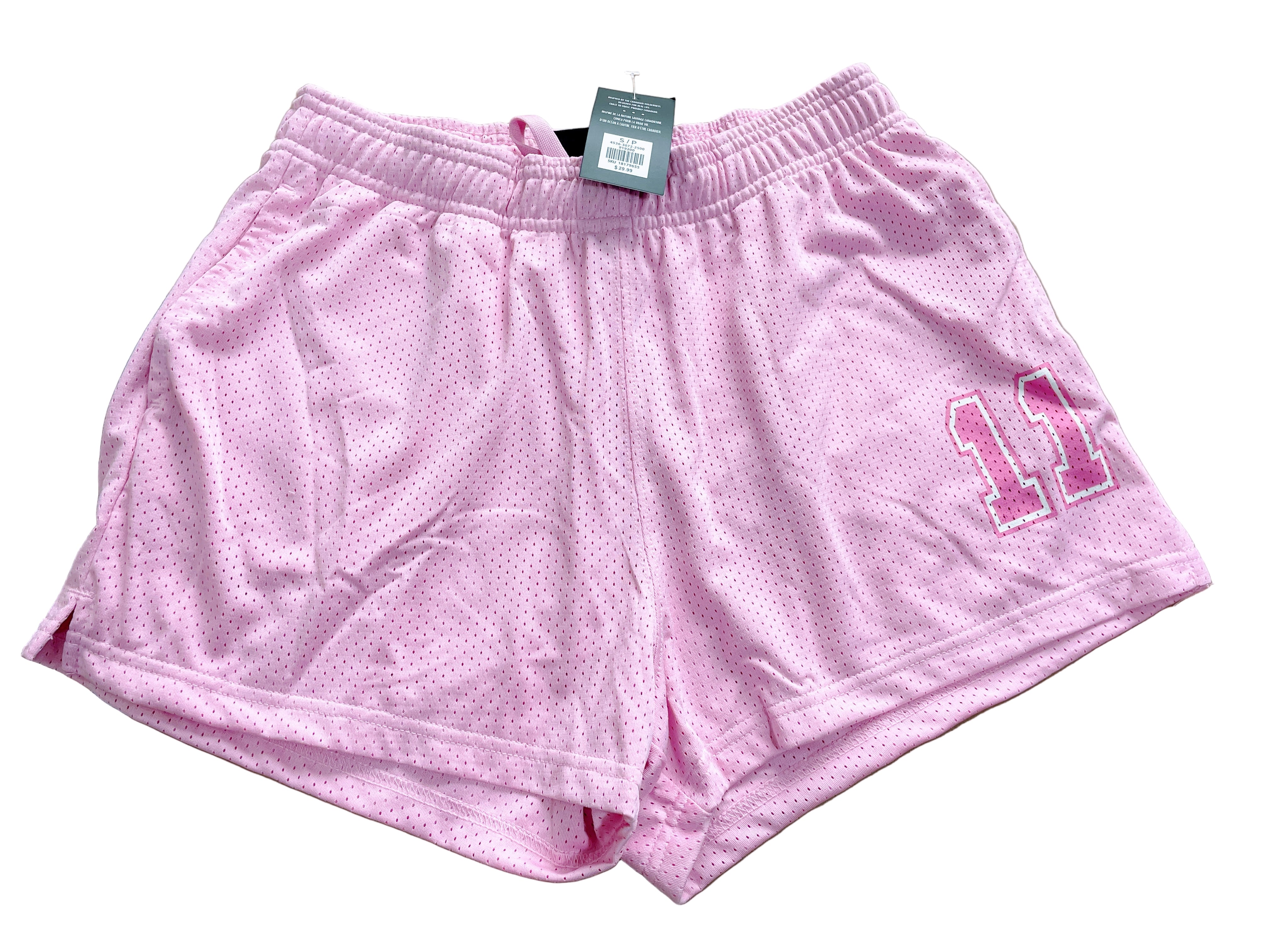pink mesh sports shorts with 11 patch front